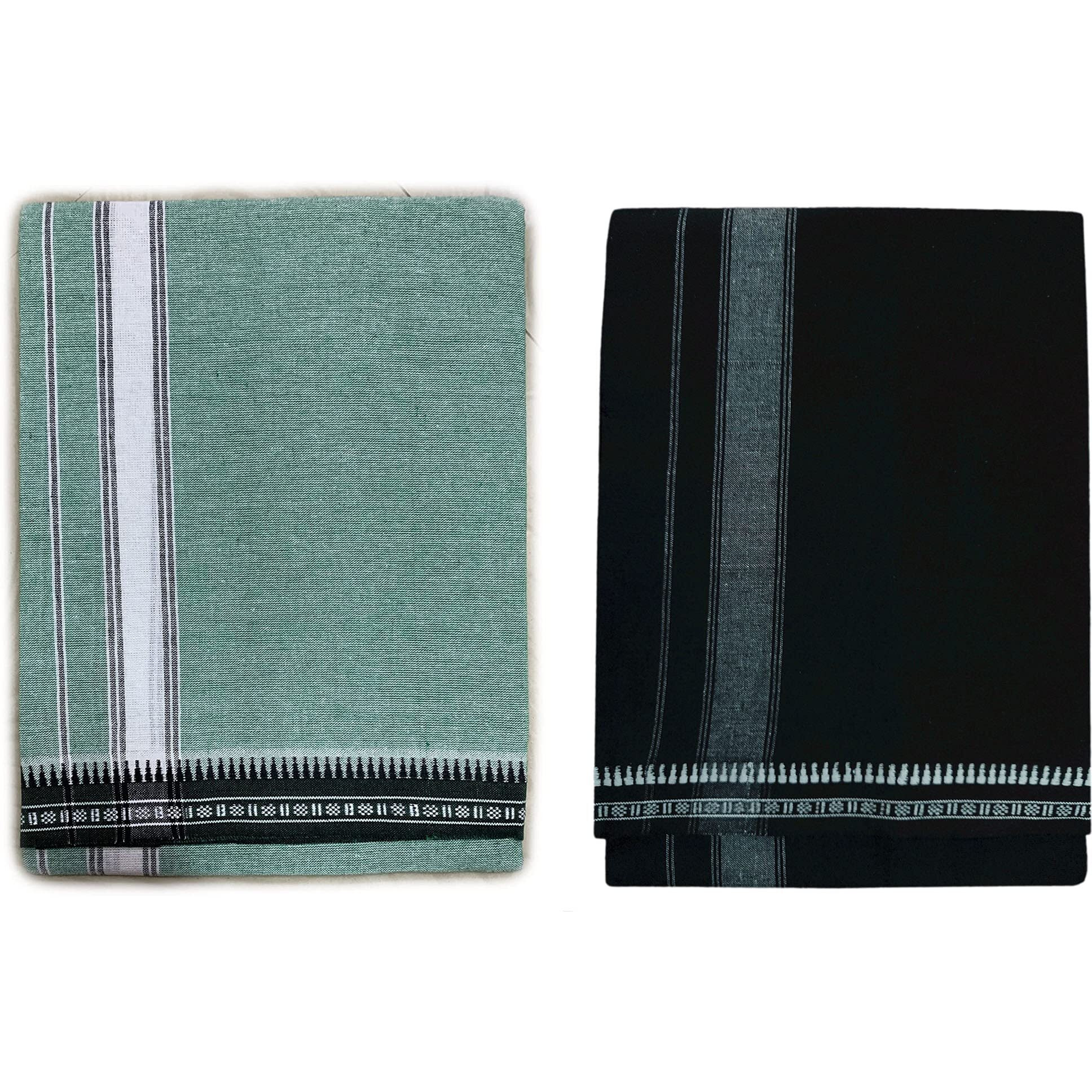 Prakasam Cotton Fine Quality Mens Kerala Style Thalapathi Border Single (1.28X2.00 Mtrs) -Dhoti-Kerala Single Mundu (Pack Of 2 Dhoties)- BlackGreen