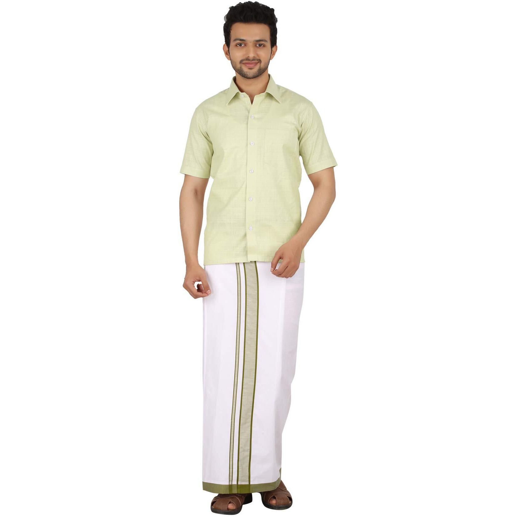 Prakasam Cotton Mens Welcro Pocket With Mild Green Border Dhoti/Fancy Border Dhoti/Welcro Pocket Mundu/White Dhoti With Pocket (Moon Mild Green)