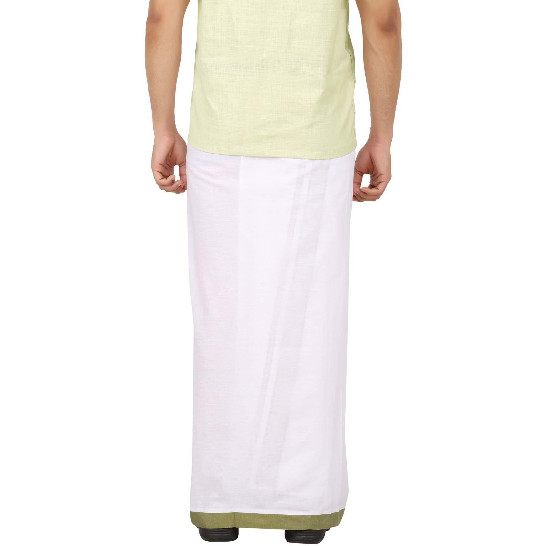Prakasam Cotton Mens Welcro Pocket With Mild Green Border Dhoti/Fancy Border Dhoti/Welcro Pocket Mundu/White Dhoti With Pocket (Moon Mild Green)