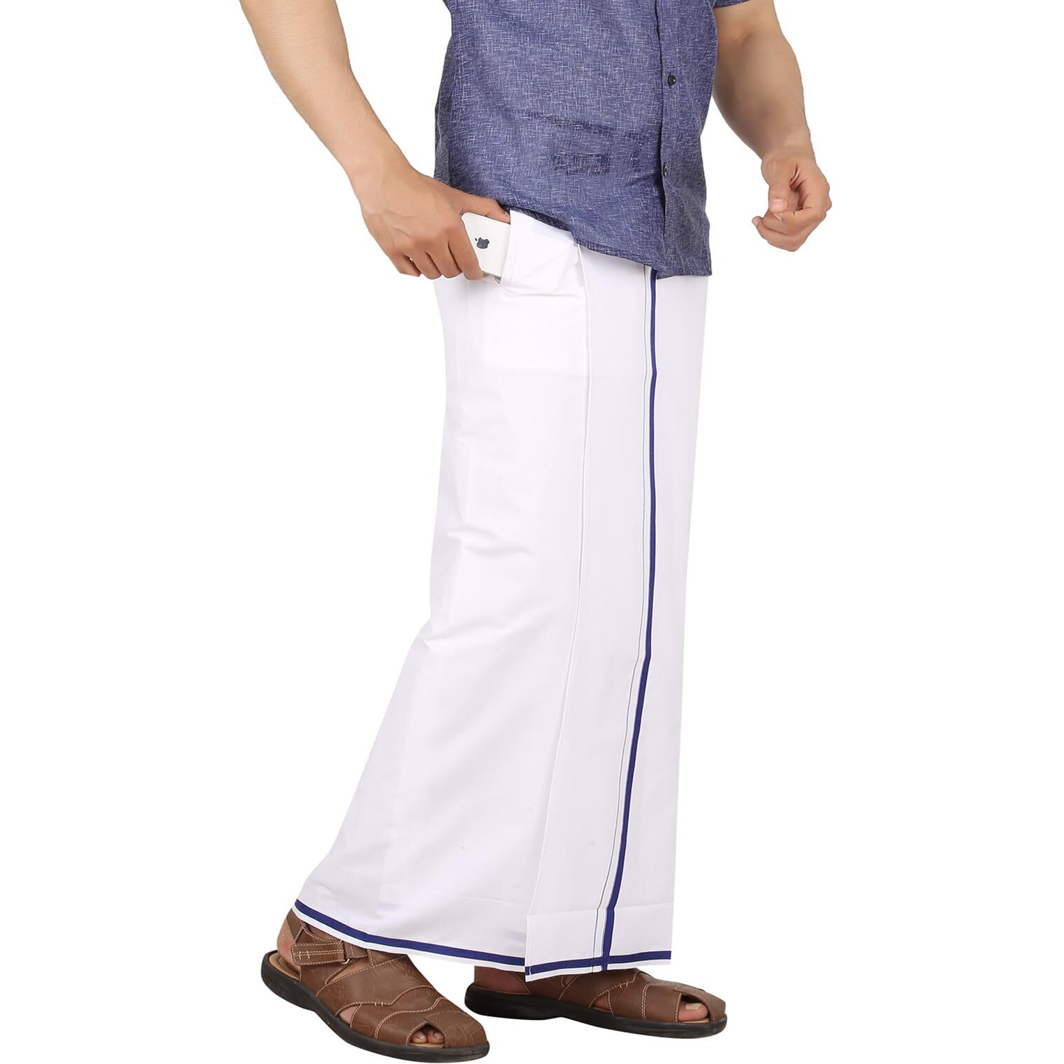 Prakasam Cotton -White Readymade Pocket Dhoti For Mens/Fine Quality White Readymade Dhoties For Mens- Navy Border