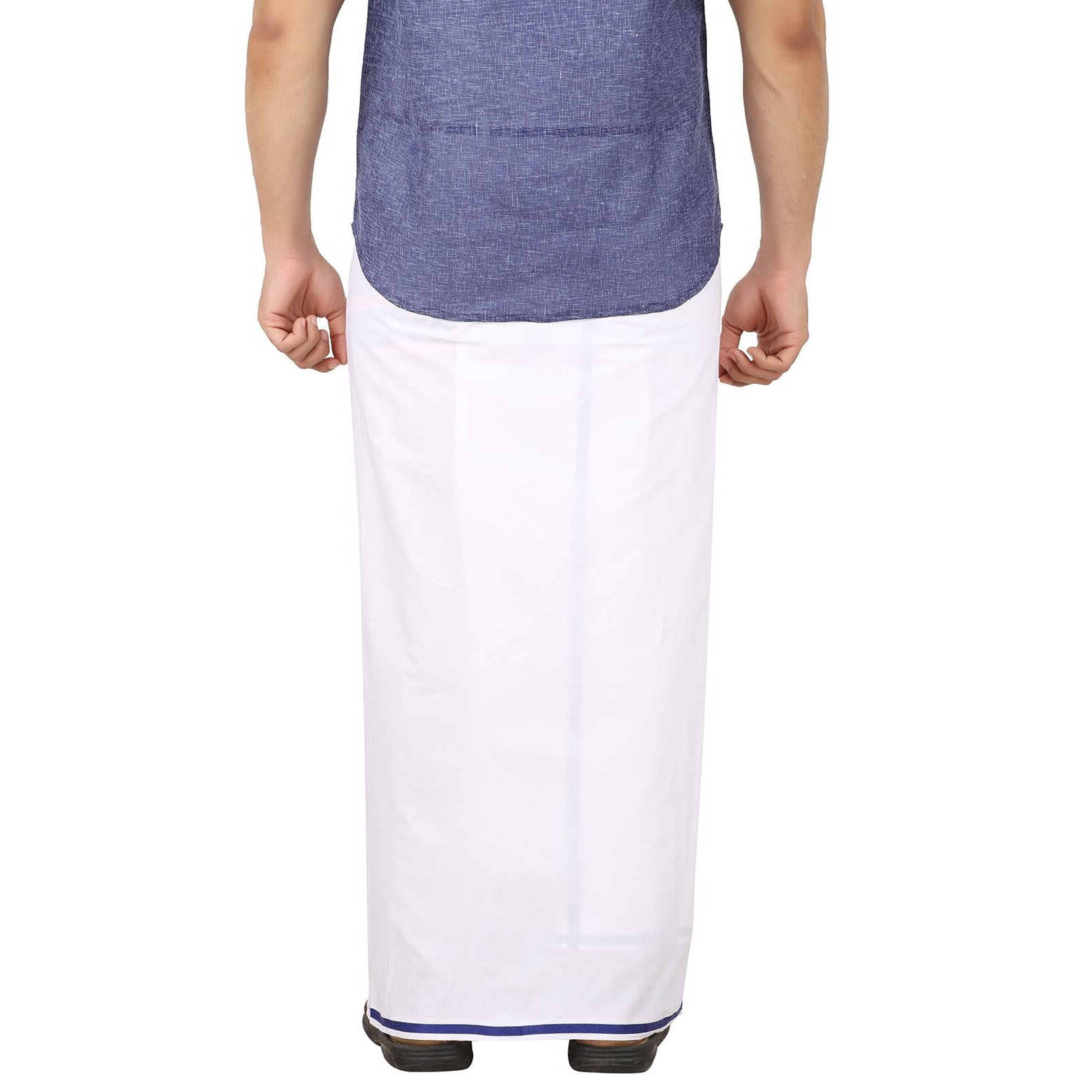 Prakasam Cotton -White Readymade Pocket Dhoti For Mens/Fine Quality White Readymade Dhoties For Mens- Navy Border