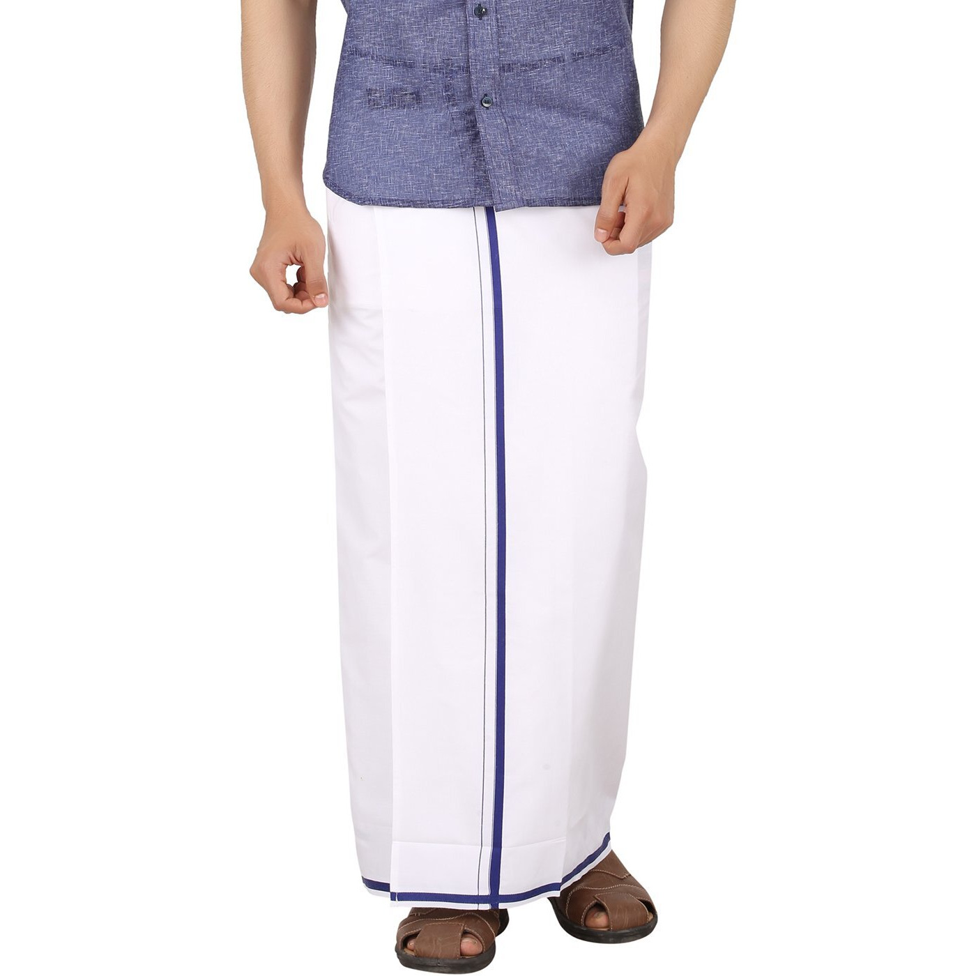 Prakasam Cotton -White Readymade Pocket Dhoti For Mens/Fine Quality White Readymade Dhoties For Mens- Navy Border