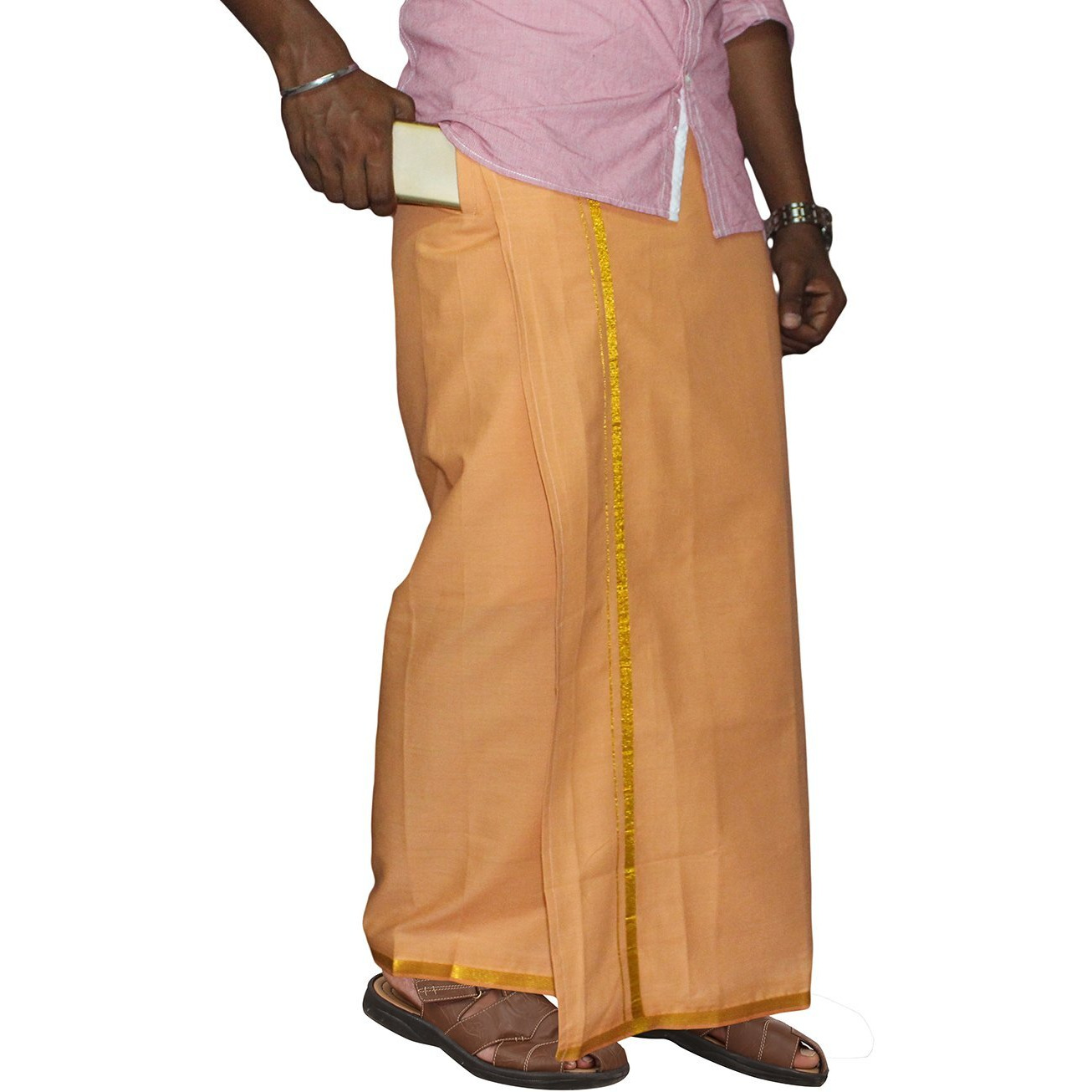 Prakasam Cotton Men's Single L.Kavi Colour With Jari Border Welcro Pocket Dhoti (Hip Size-32)-(Length-42Inches)