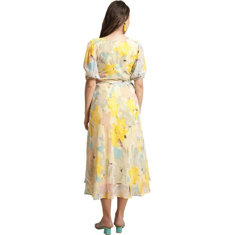 Preneum Women Fit & Flare Latest Style Print Georgette Regular Sleeves Casual Summer Maxi Dress | Festival & Occasion, Light Yellow, S