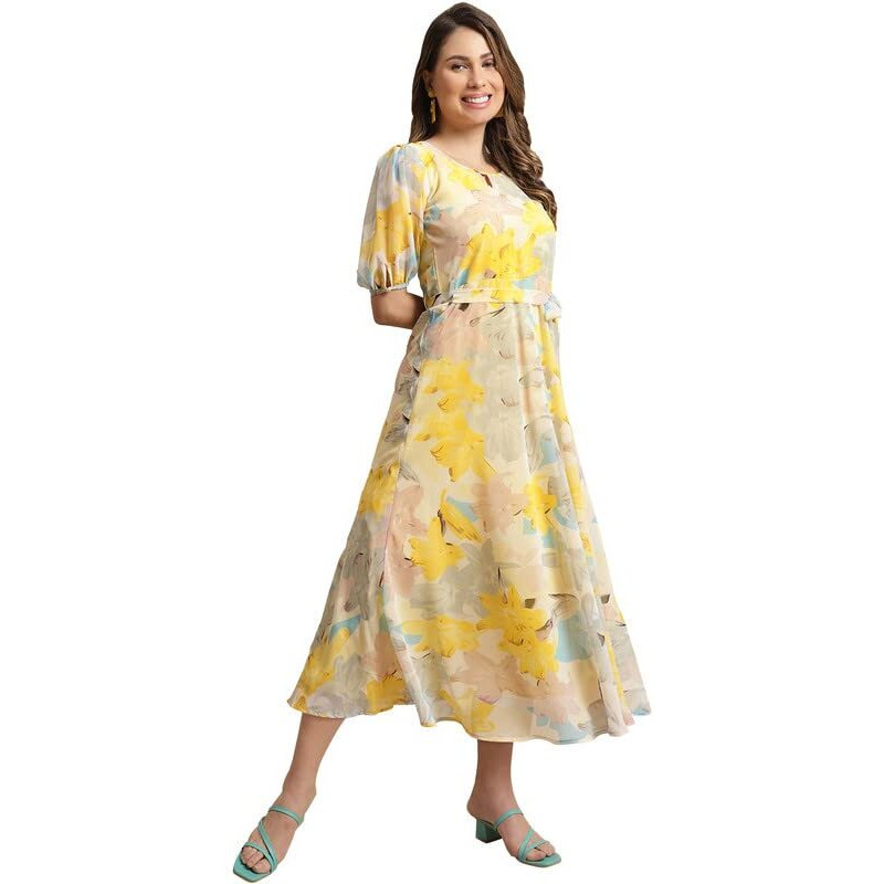 Preneum Women Fit & Flare Latest Style Print Georgette Regular Sleeves Casual Summer Maxi Dress | Festival & Occasion, Light Yellow, S