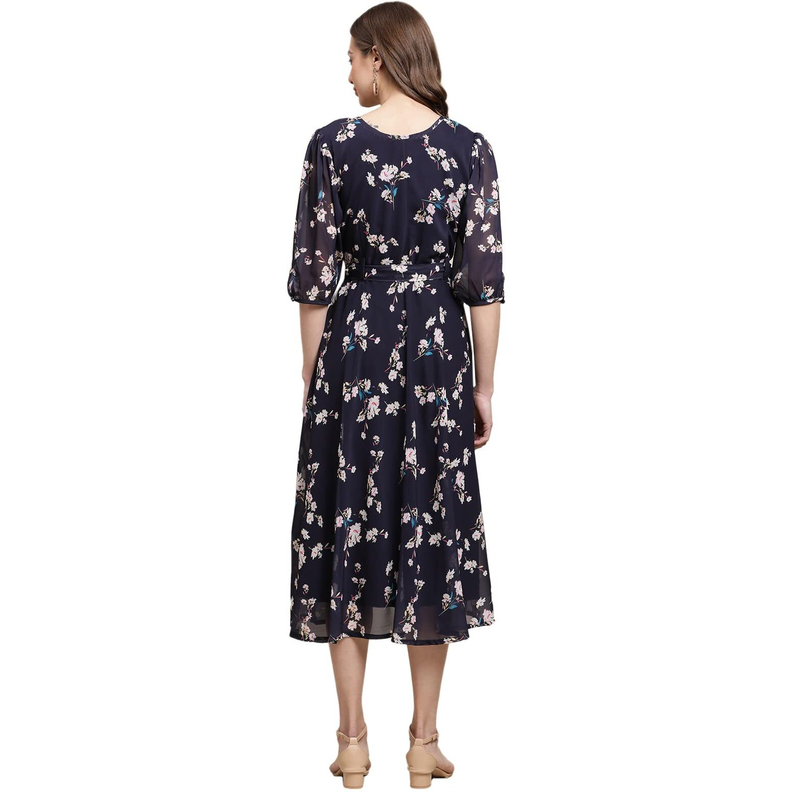 Preneum Women's Maxi Fit & Flare Latest Style Print Georgette Regular Sleeves Casual Summer Maxi Dress || Festival & Occasion, Dark Blue, M