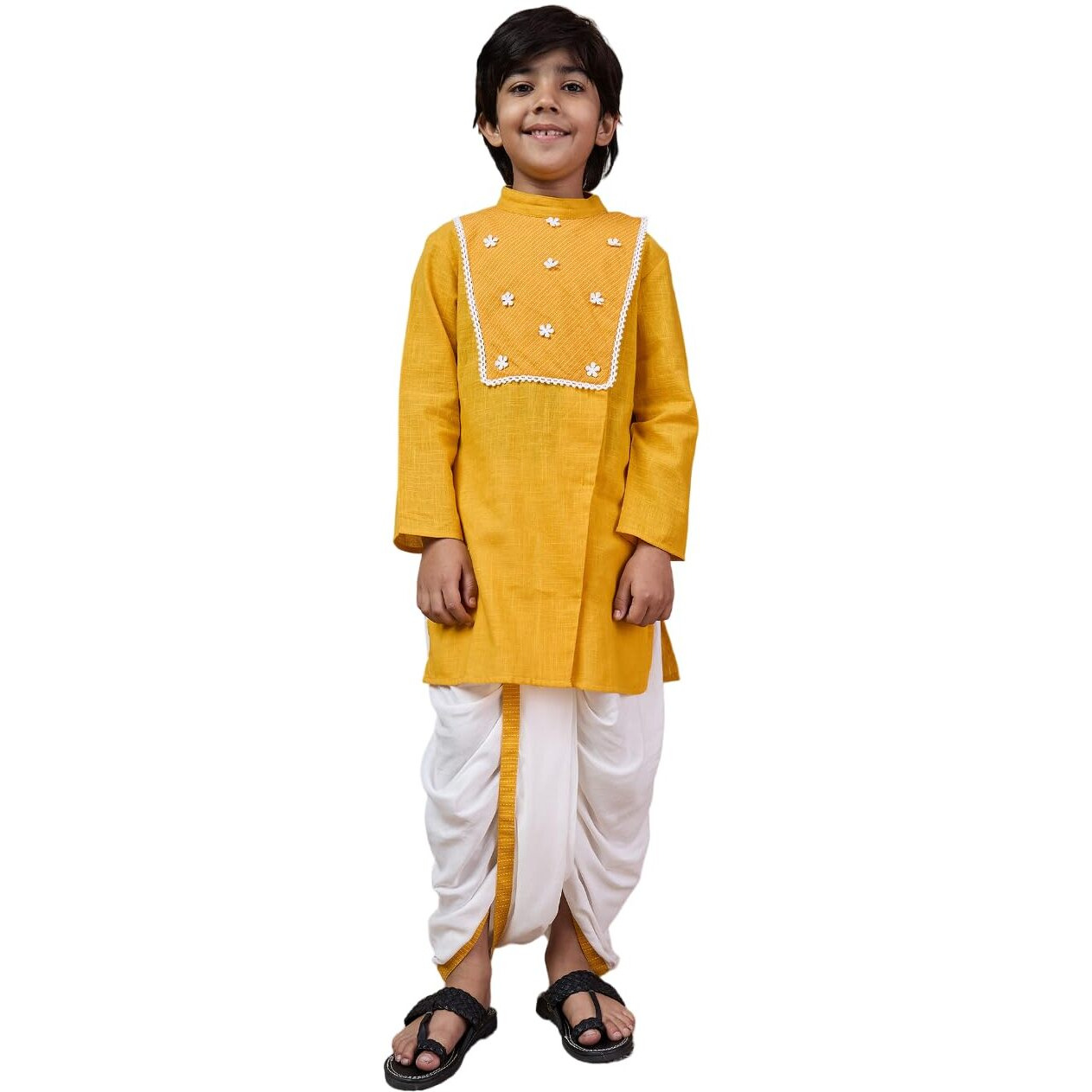 Pspeaches Boys Mandarin Collar Floral Yoke Design Regular Thread Work Kurta With Dhoti Pants (10-12Years)