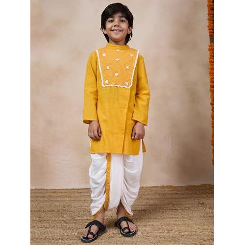 Pspeaches Boys Mandarin Collar Floral Yoke Design Regular Thread Work Kurta With Dhoti Pants (10-12Years)