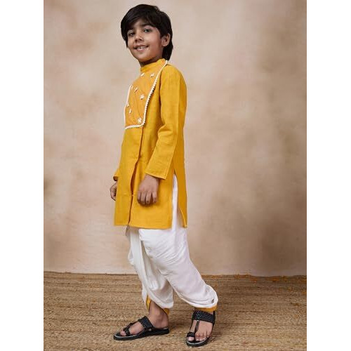 Pspeaches Boys Mandarin Collar Floral Yoke Design Regular Thread Work Kurta With Dhoti Pants (10-12Years)