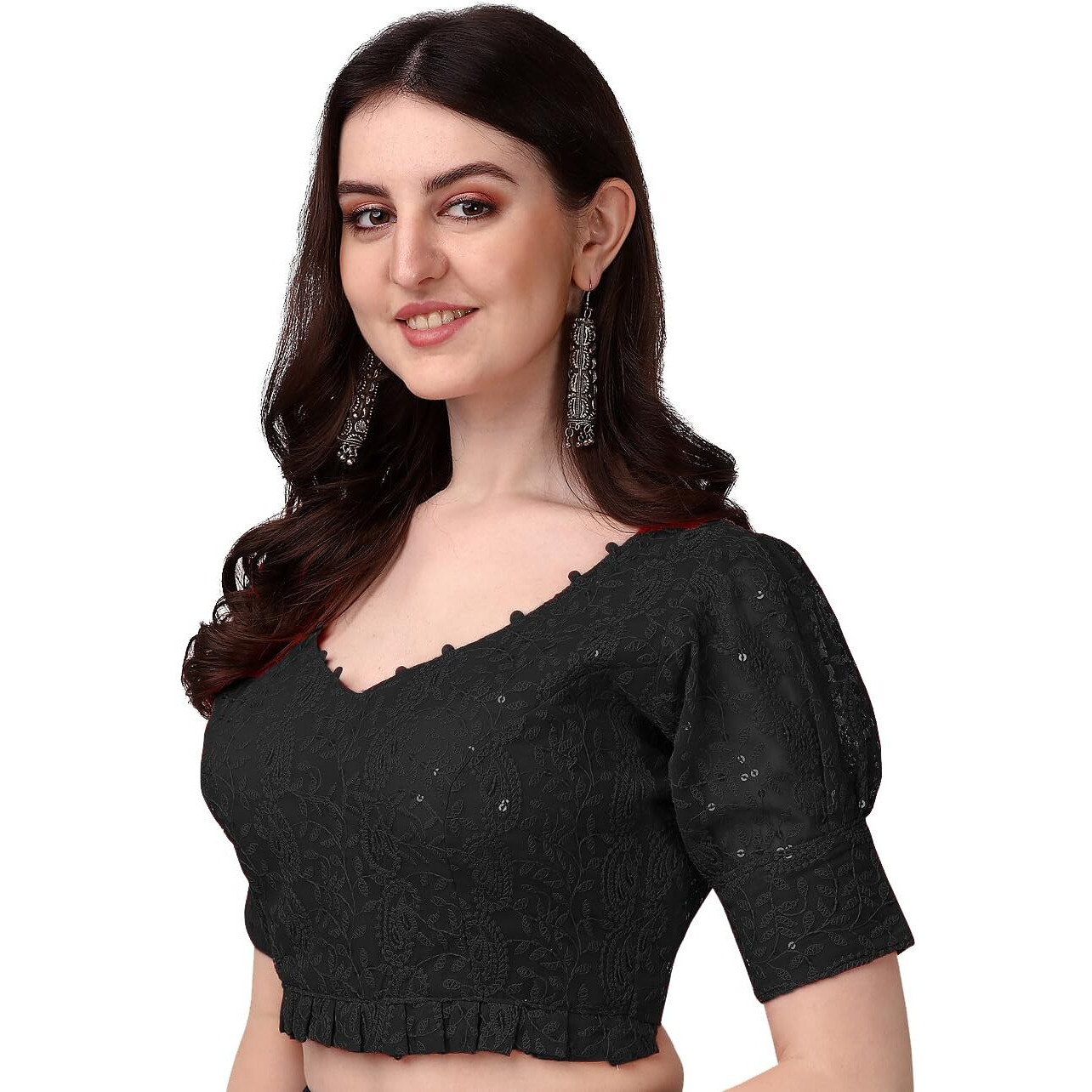 Pujia Mills Women's Georgett Lucknowi Embroidery Puff Sleeve Tie Up Blouse (Lucknowi Tie) (Black, 32)