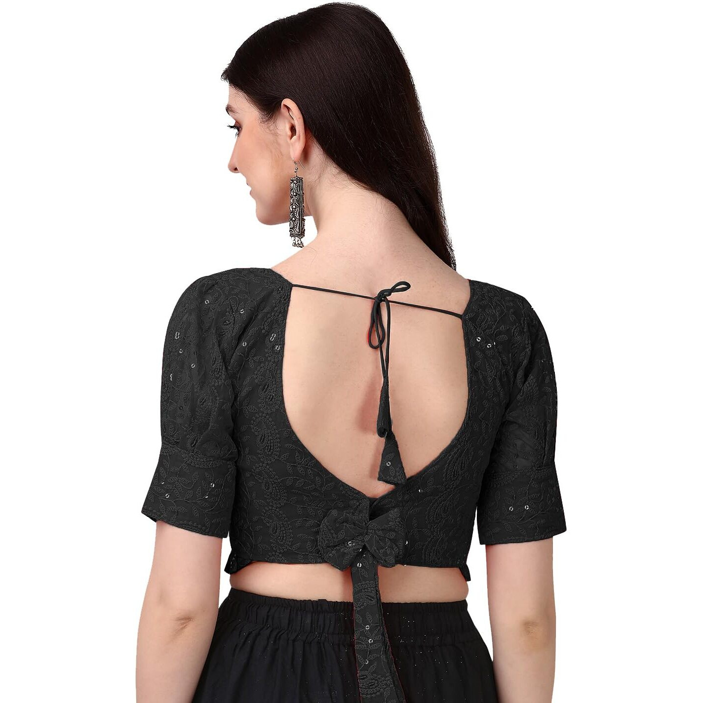 Pujia Mills Women's Georgett Lucknowi Embroidery Puff Sleeve Tie Up Blouse (Lucknowi Tie) (Black, 32)