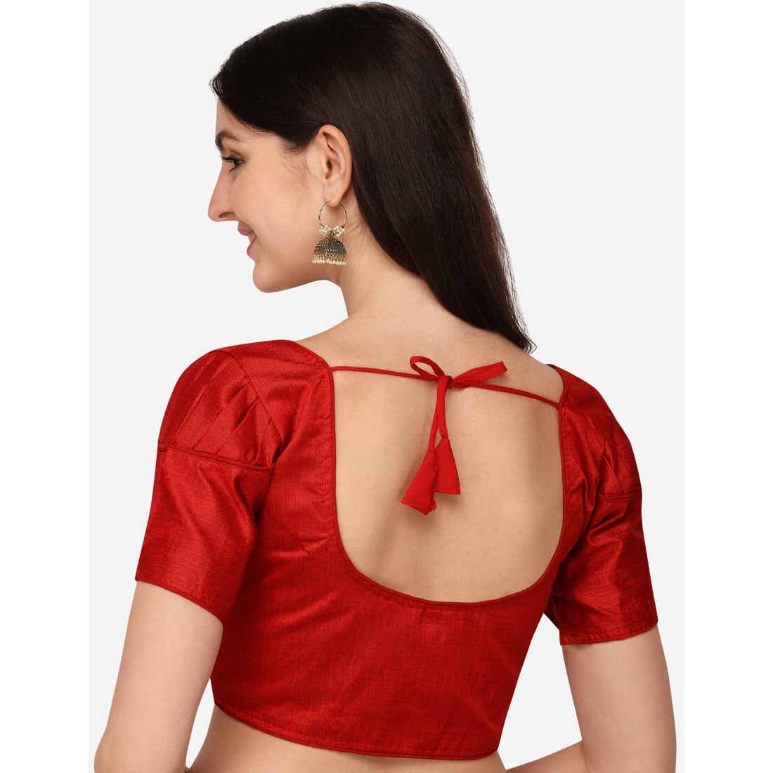 Pujia Mills Women's Silk Puff Sleeve Readymade Saree Blouse (Puffy_Red_38)