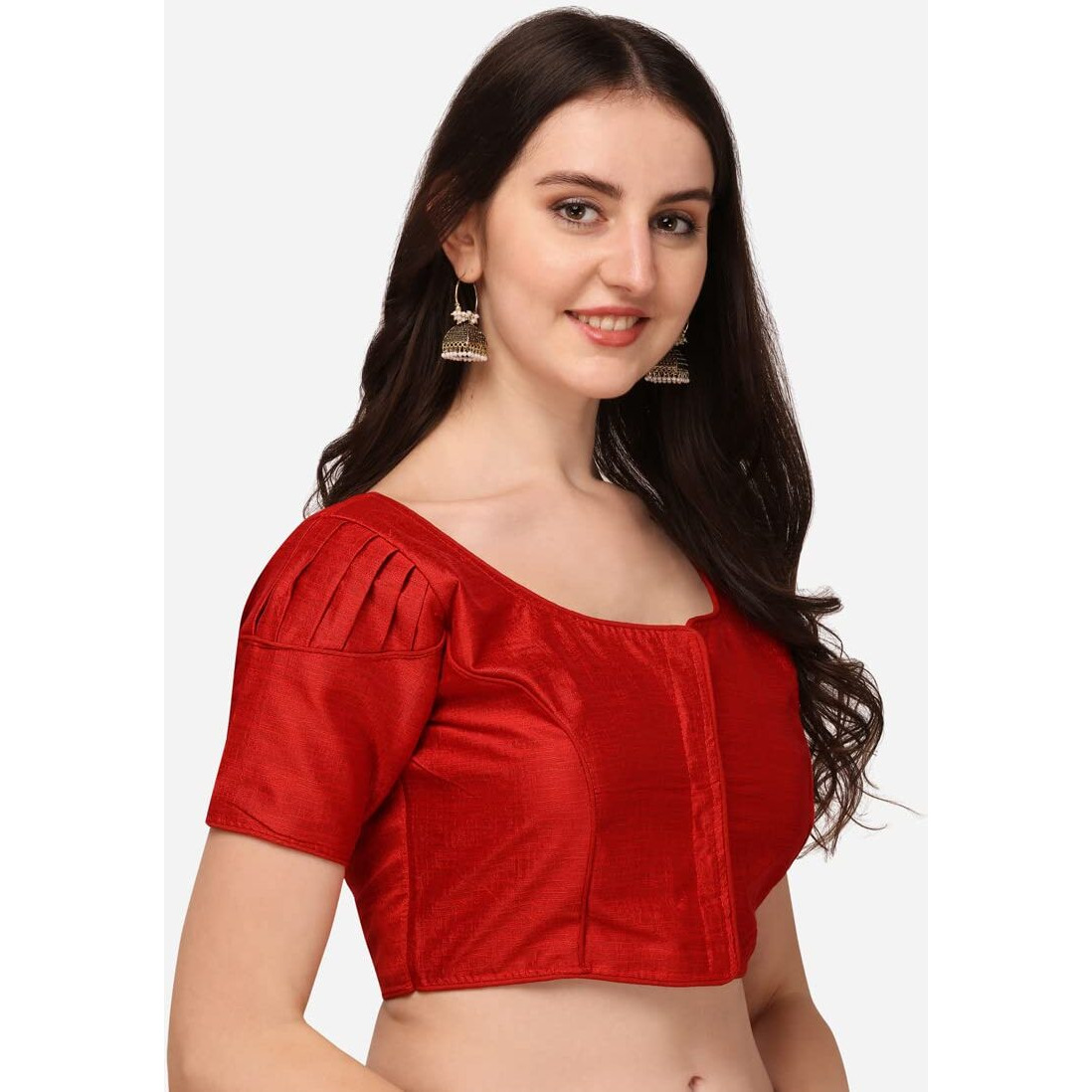 Pujia Mills Women's Silk Puff Sleeve Readymade Saree Blouse (Puffy_Red_38)