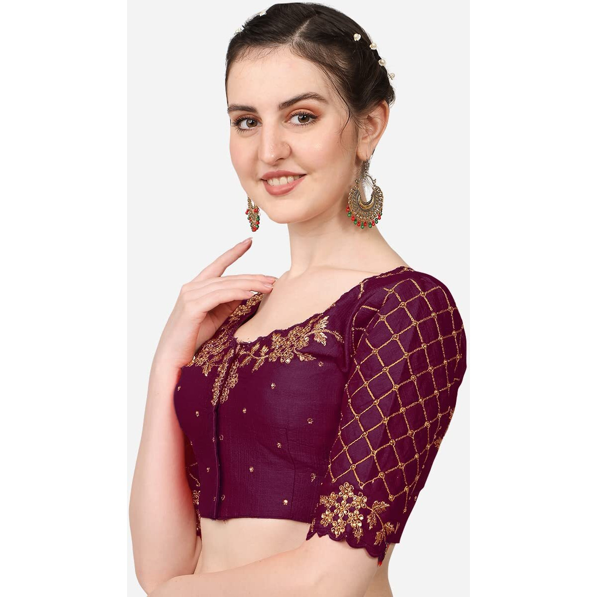 Pujia Mills Women's Embroidery Handwork, Rough Cut Work Stone Work Readymade Blouse (34, Wine)