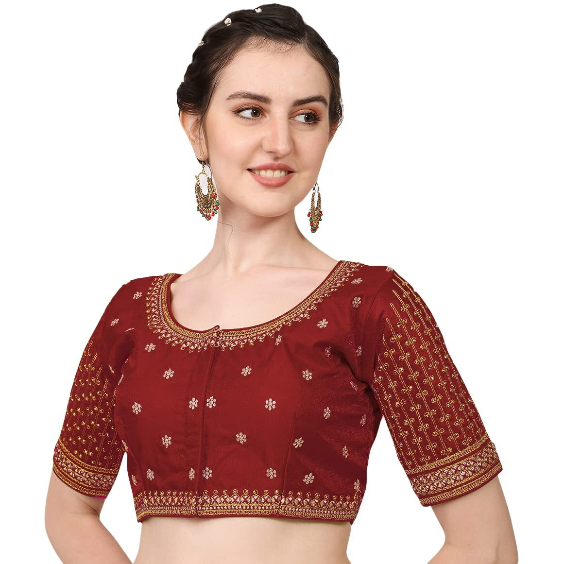 Pujia Mills Women's Cobra Silk Embroidery Coding Stone Work Half Sleeve Saree Blouse