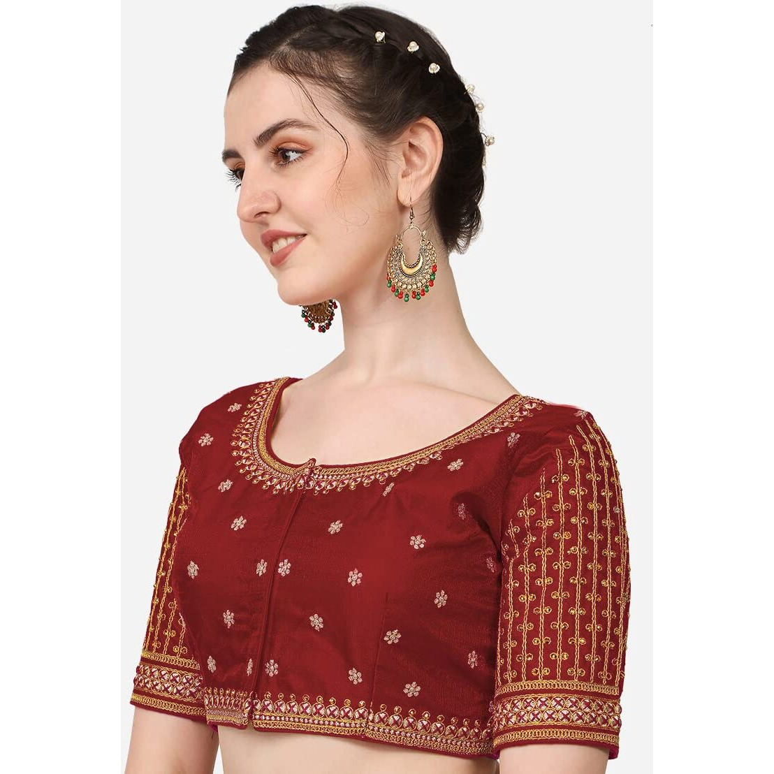 Pujia Mills Women's Cobra Silk Embroidery Coding Stone Work Half Sleeve Saree Blouse