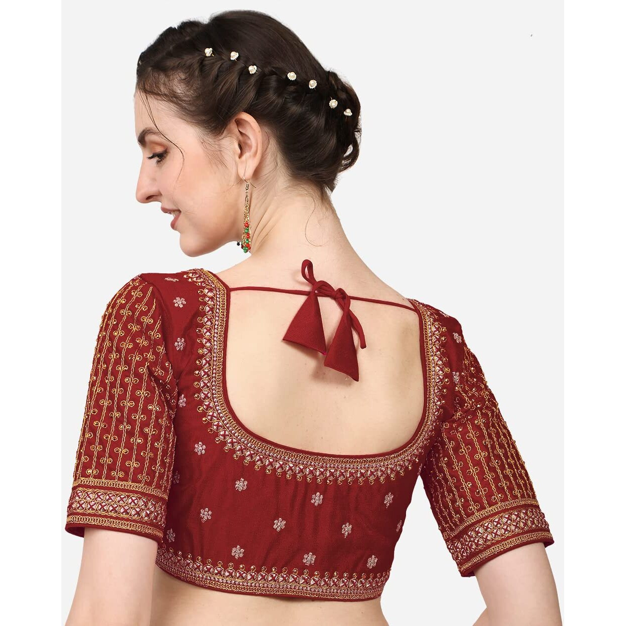 Pujia Mills Women's Cobra Silk Embroidery Coding Stone Work Half Sleeve Saree Blouse