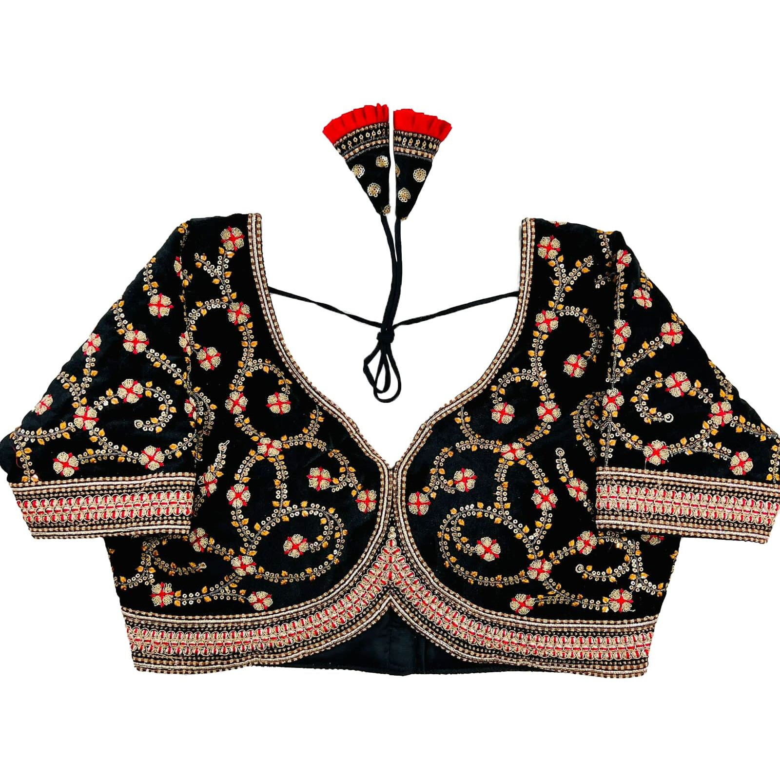 Pujia Mills Women's Velvet Blouse Heavy Codding Embroidery With Sequins Work Sweetheart Neck Blouse Half Sleeve (Valley Black)
