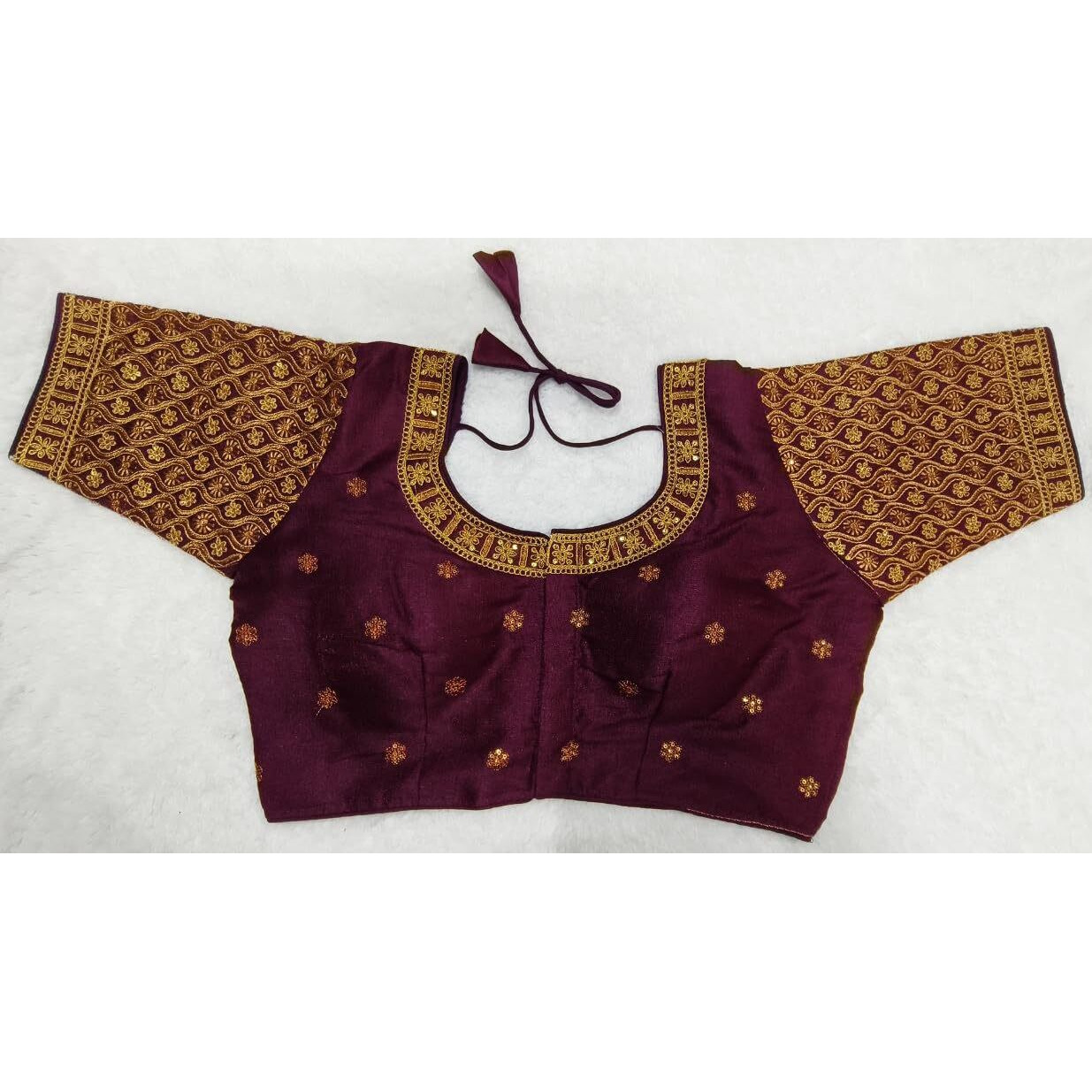 Pujia Mills Women's Readymade Blouse Embroidery Multi Coding Gold Thread Indian Ethnic Designer Stitched Half Sleeve Women's Readymade Wine Color Saree Blouse For Women For Saree Lehenga Choli