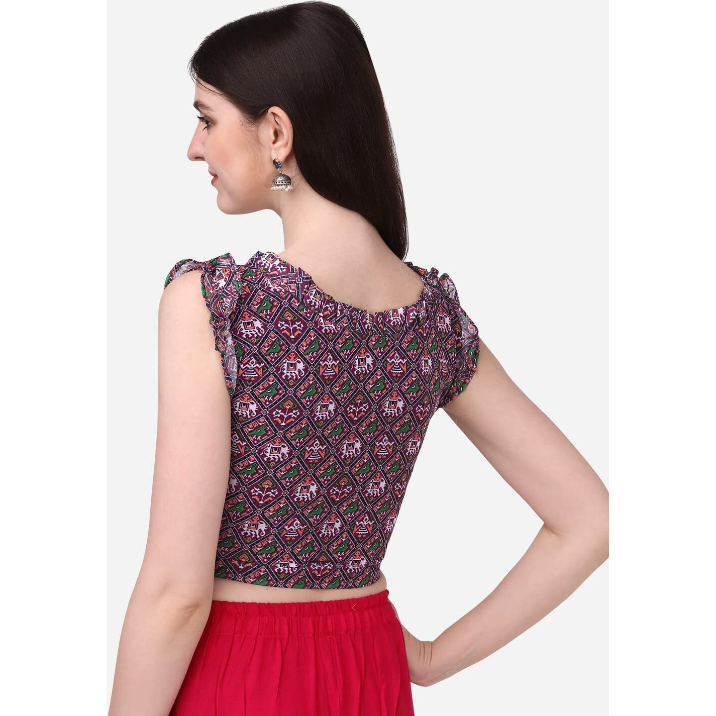 Pujia Mills Women's Fancy Georgette Printed Readymade Blouse (Wine, 36)
