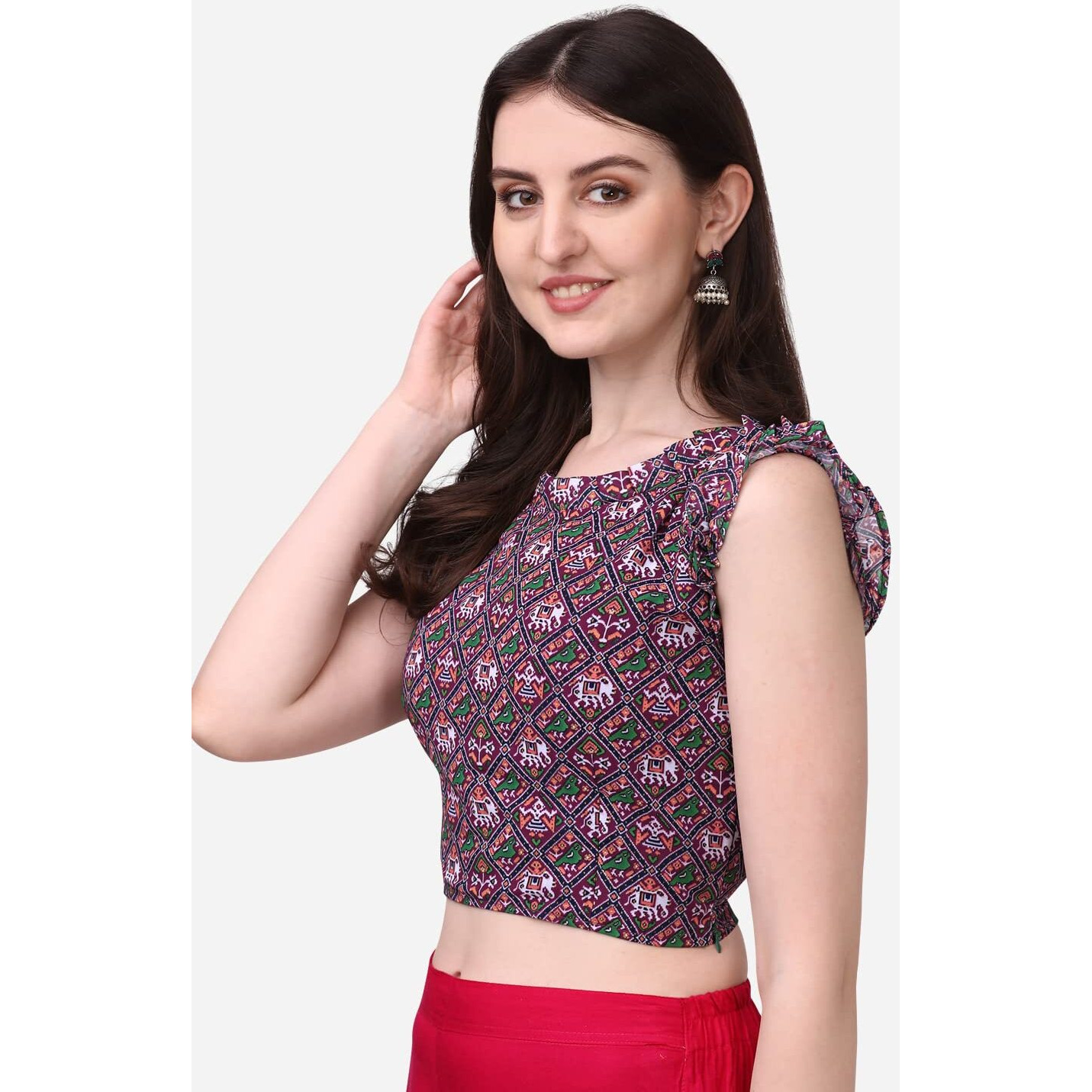 Pujia Mills Women's Fancy Georgette Printed Readymade Blouse (Wine, 36)
