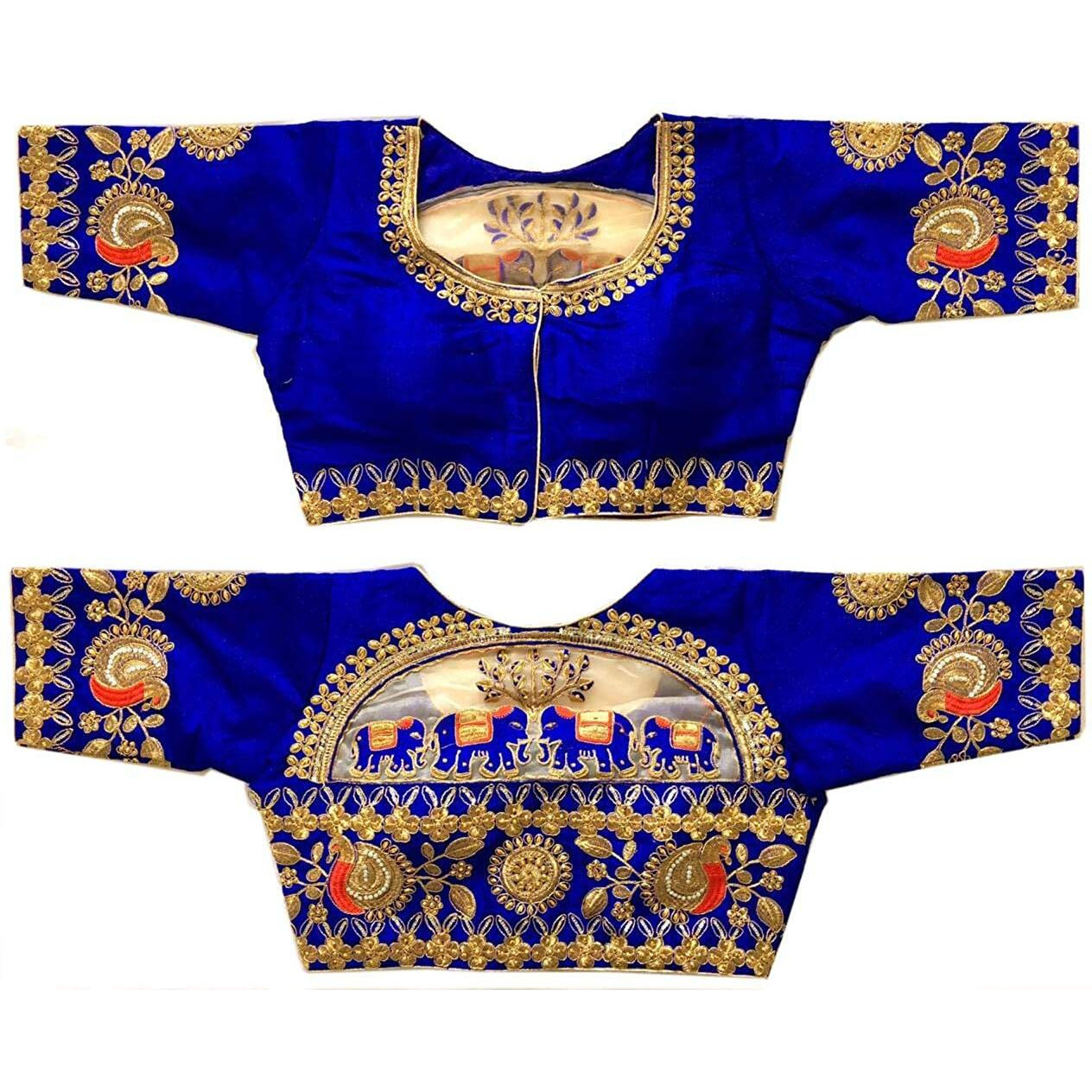 Pujia Mills Women's Phantom Silk Elephant Half Sleeve Saree Blouse (Dumbo_Royal Blue_38 Size+Margin)
