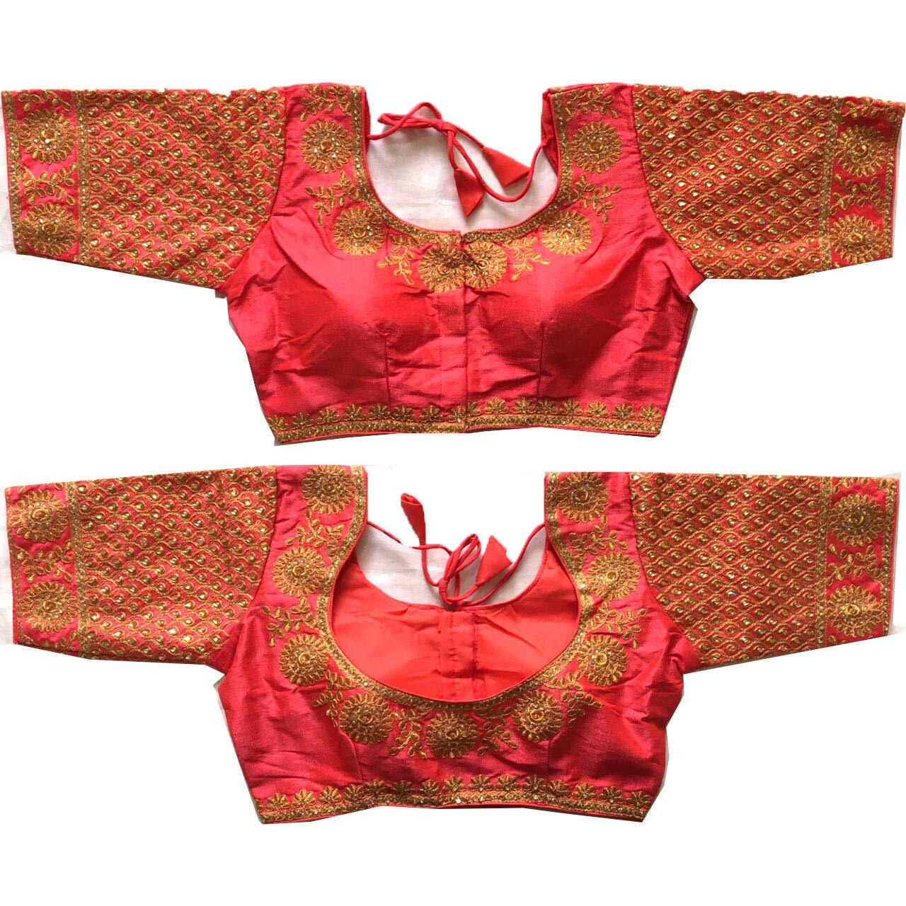 Pujia Mills Women's Phantom Silk Morpankh Half Sleeve Saree Blouse (Morpankh_Gajari_38 Size+Margin)