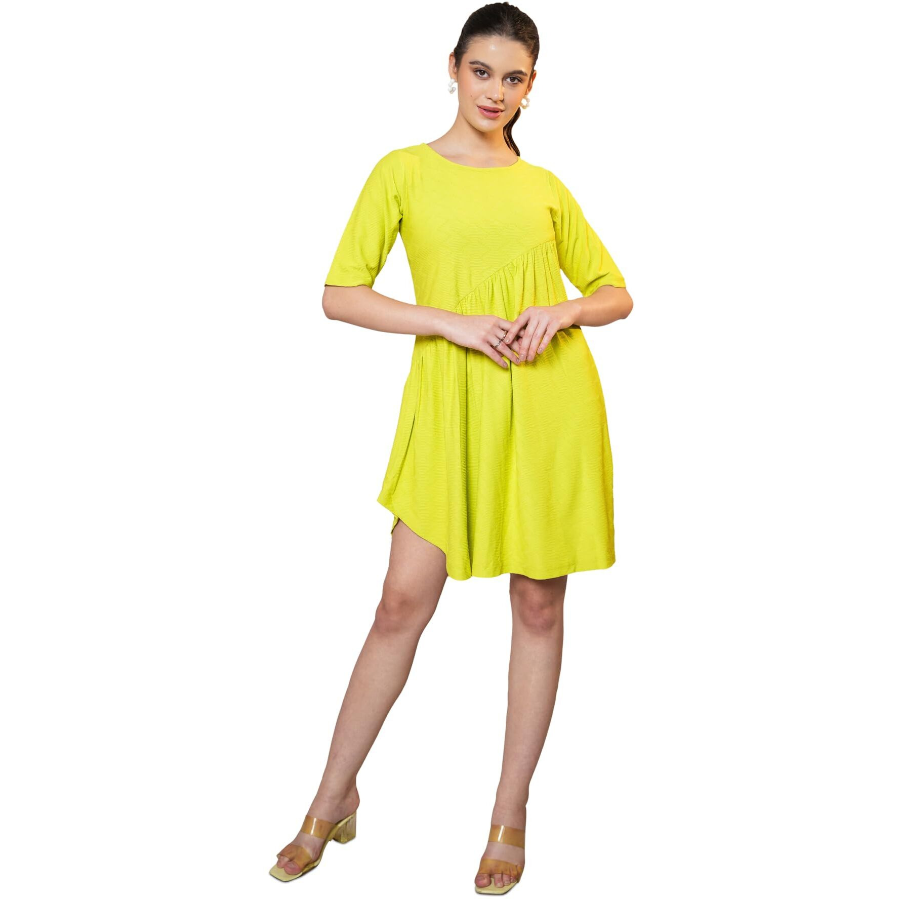 Purvaja Womens Flared Above Knee Length Dress (Nisi-022-Lemon_Lemon_Xx-Large)
