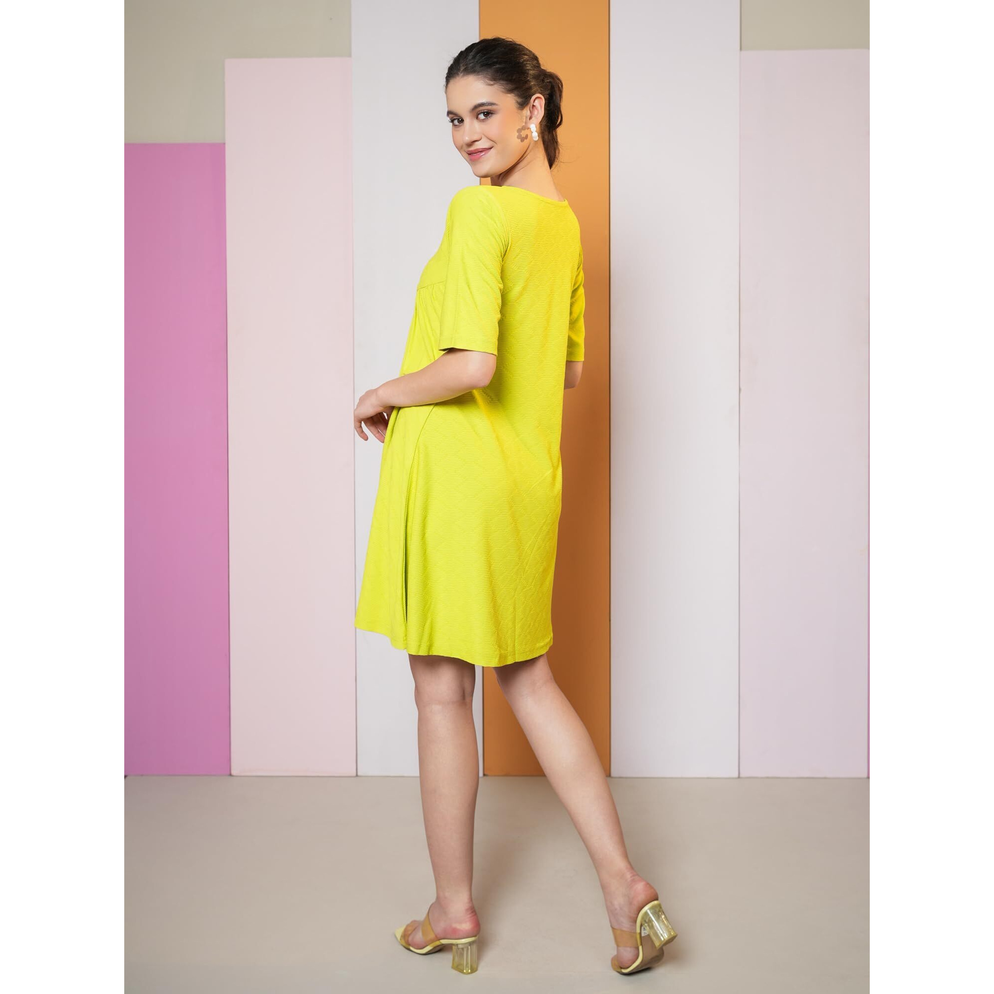 Purvaja Womens Flared Above Knee Length Dress (Nisi-022-Lemon_Lemon_Xx-Large)