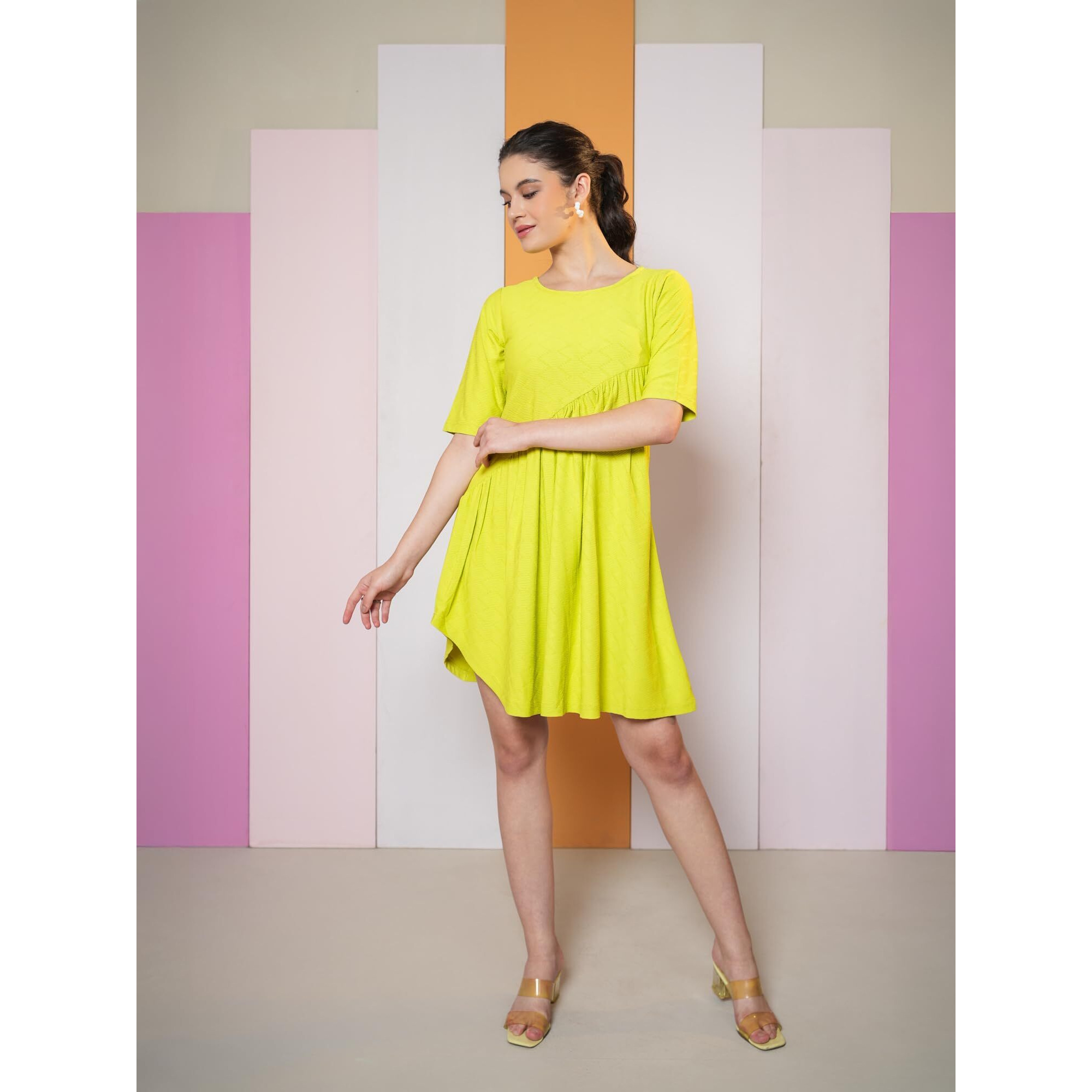 Purvaja Womens Flared Above Knee Length Dress (Nisi-022-Lemon_Lemon_Xx-Large)