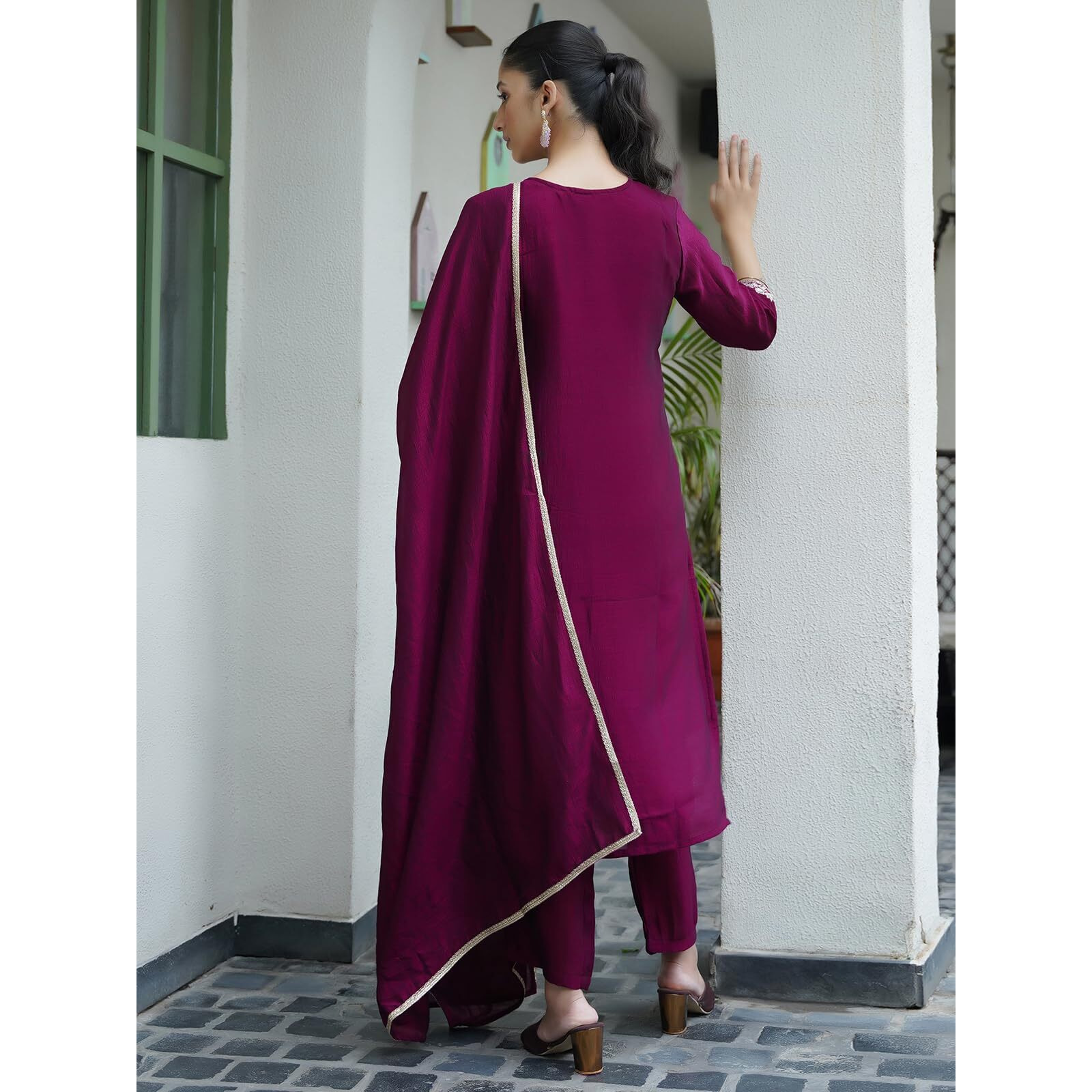Sanisa Women's Silk Blend Sequins Embroidery Straight Kurta With Pant And Dupatta Set (183Kbd1955N-L_Wine)