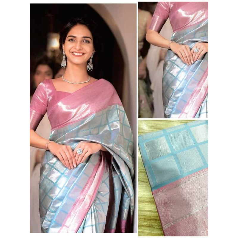 Satrani Women's Poly Silk Jacquard Saree With Unstitched Blouse Piece(2765S133N_Light Blue)