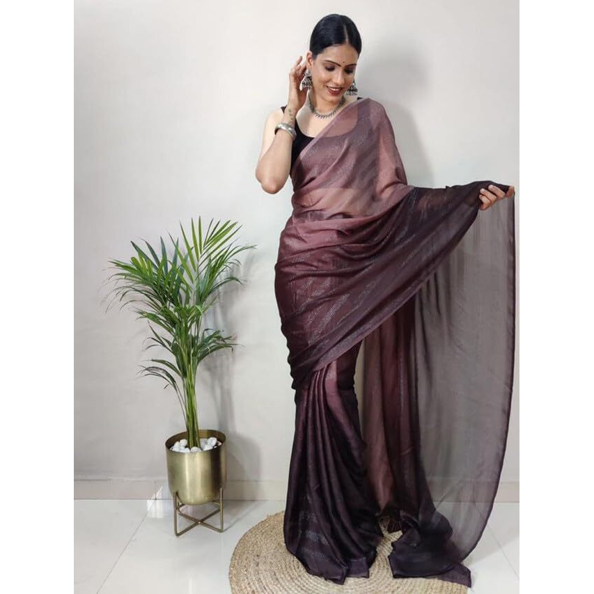 Satrani Women's Georgette Dyed & Zari Patta Ready To Wear Saree With Unstitched Blouse Piece (3375S378N_Mauve & Dark Mauve)