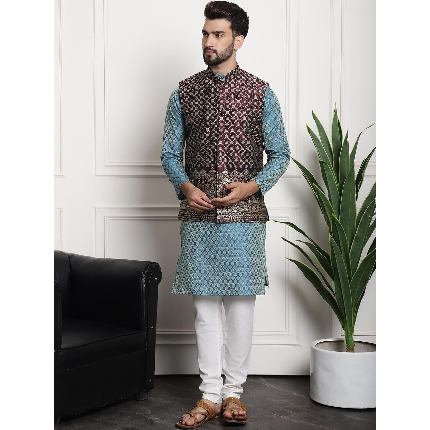 Sojanya (Since 1958 Men's Jacquard Silk Teal Green Kurta And Cream Pyjama With Blue Nehrujacket