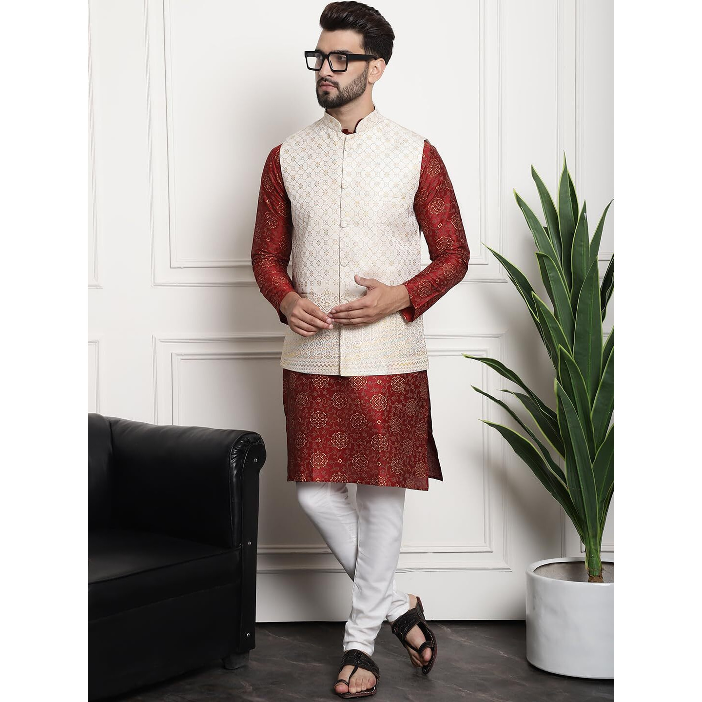 Sojanya (Since 1958 Men's Silk Blend Print Maroon Kurta And Cream Pyjama With Cream Nehru Jacket