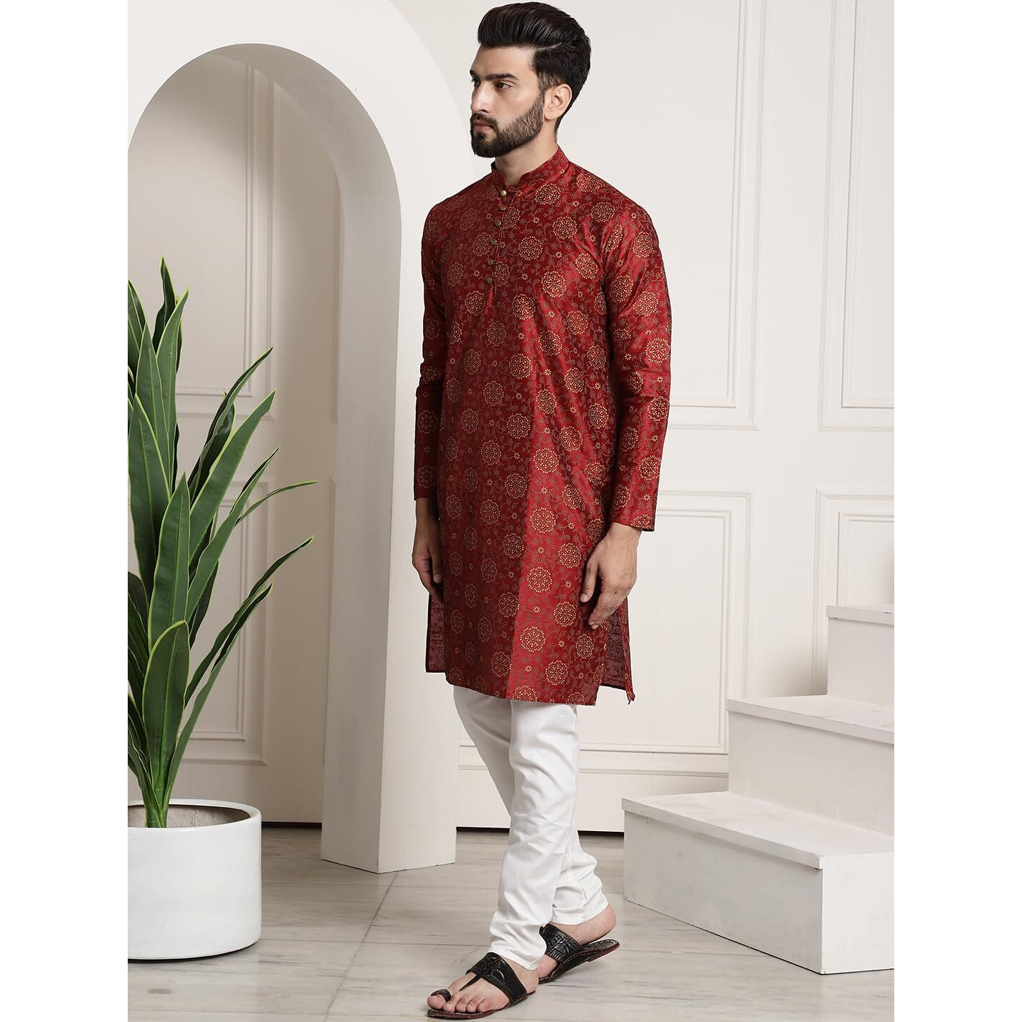 Sojanya (Since 1958 Men's Silk Blend Print Maroon Kurta And Cream Pyjama With Cream Nehru Jacket