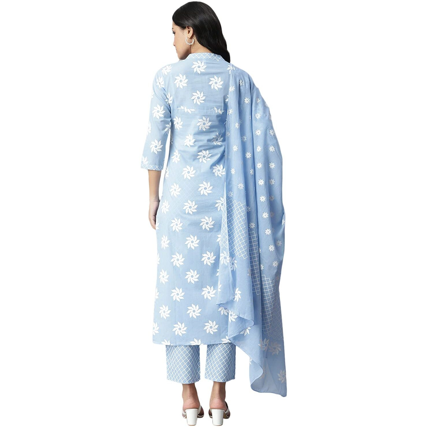 Stylum Women Cotton Kurta Pant With Dupatta Set (Greykhadikpdset42_Light Blue, Xl)
