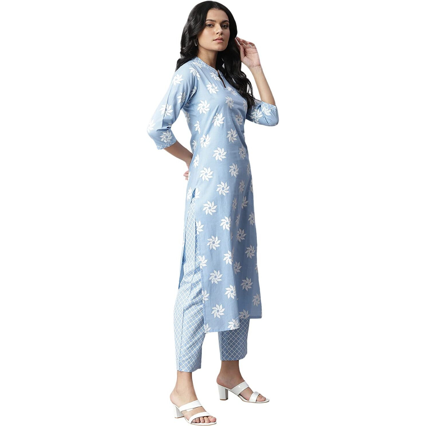 Stylum Women Cotton Kurta Pant With Dupatta Set (Greykhadikpdset42_Light Blue, Xl)