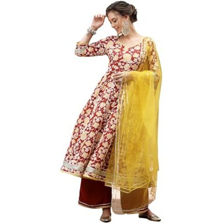 Stylum Women's Floral Printed Cotton Anarkali Kurta Pant & Dupatta Set (Kpdrustgulabo40_Rust, L)