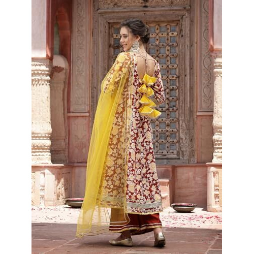 Stylum Women's Floral Printed Cotton Anarkali Kurta Pant & Dupatta Set (Kpdrustgulabo40_Rust, L)