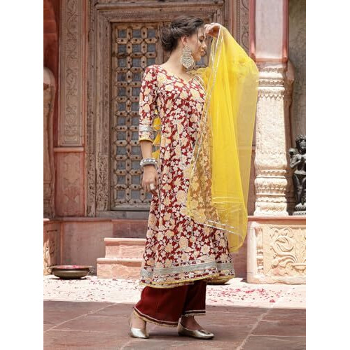 Stylum Women's Floral Printed Cotton Anarkali Kurta Pant & Dupatta Set (Kpdrustgulabo40_Rust, L)