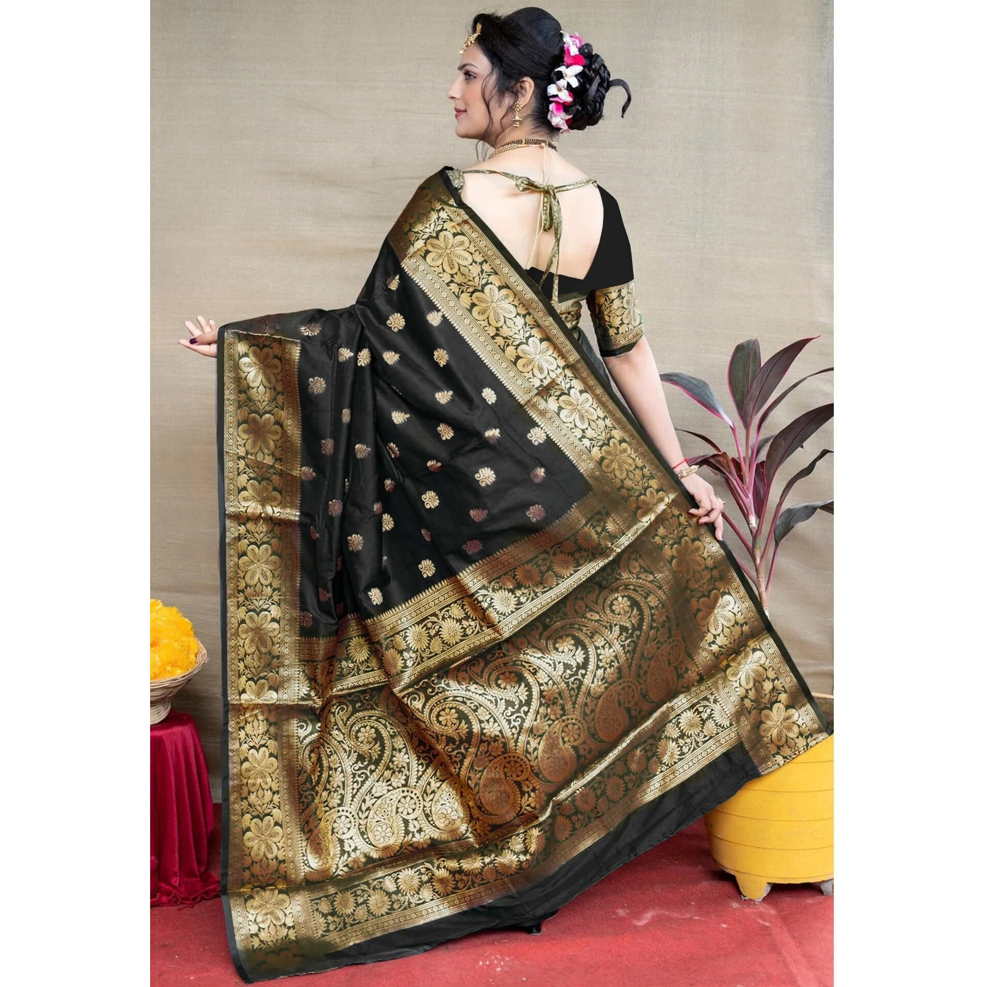 Sugathari Women's Banarasi Saree Pure Kanjivaram Silk Saree Soft New Ladies 2025 Design Wear Pattu Sarees Latest Sadi Party Sari Collections With Blouse Piece (San Pari-226-Black)