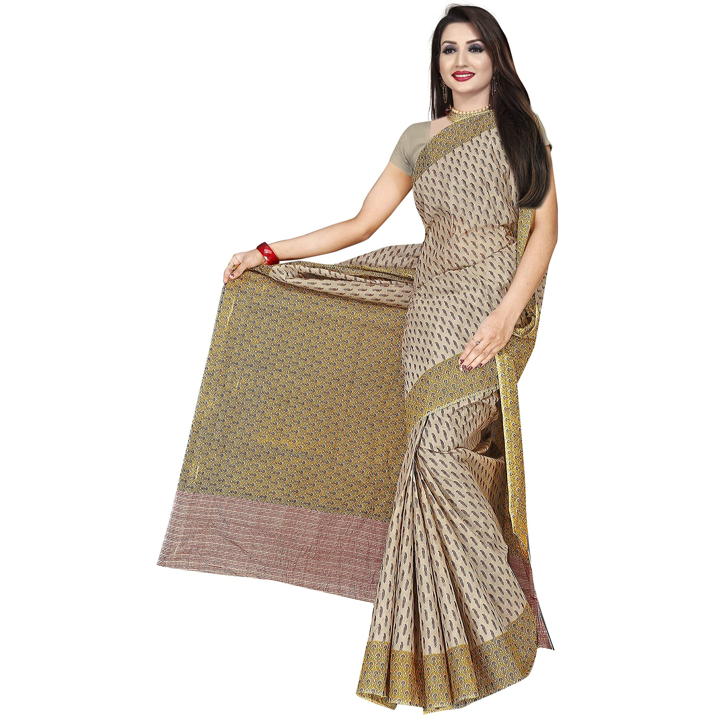 Tamaira Fashion Plain Weave Women's Pure Cotton Saree Without Blouse Piece (2335-Beige)
