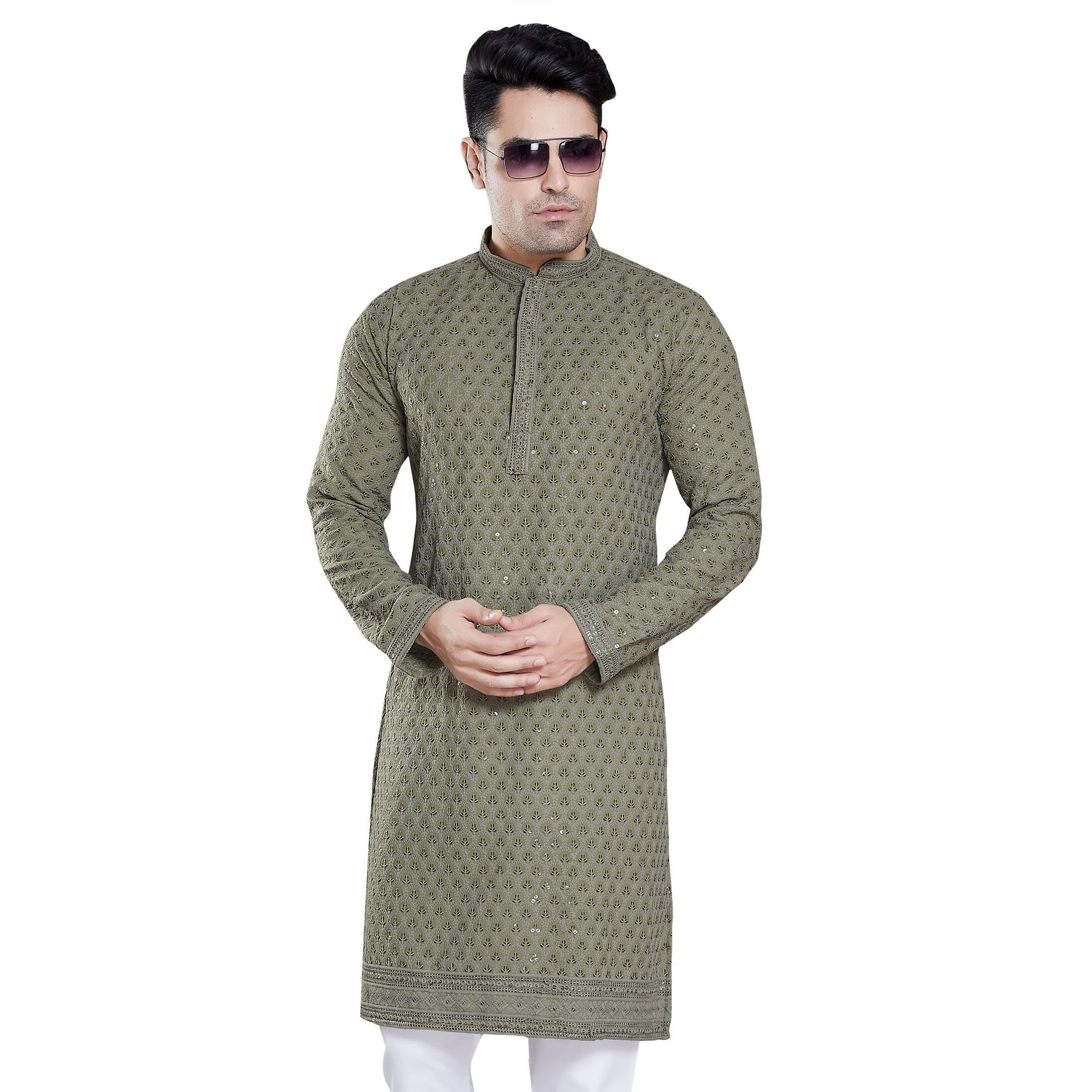 Divisive Men's Sequince Embroidered Cotton Blend Only Slim Fit Kurta (Dkrt104_L_Olive Green)