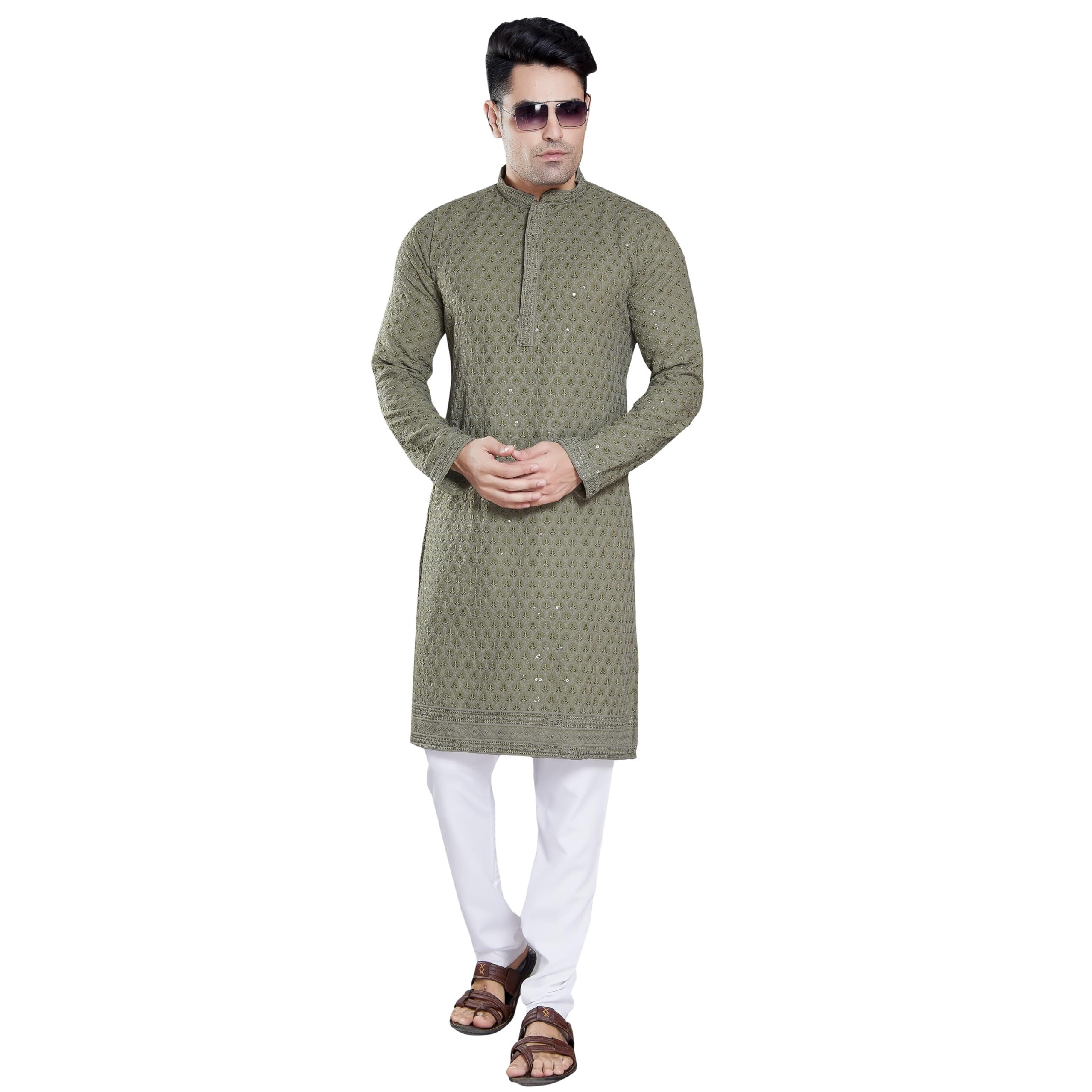 Divisive Men's Sequince Embroidered Cotton Blend Only Slim Fit Kurta (Dkrt104_L_Olive Green)