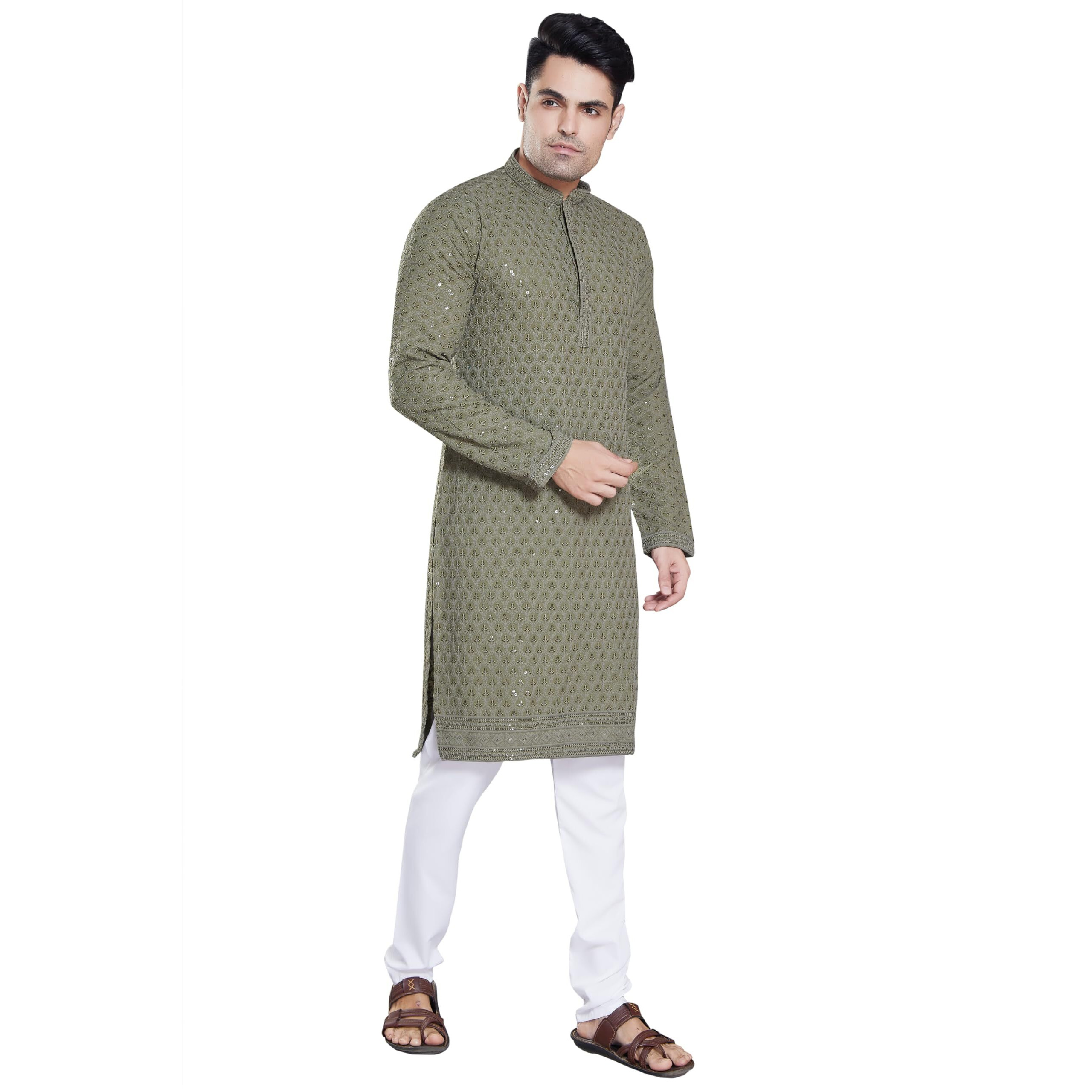 Divisive Men's Sequince Embroidered Cotton Blend Only Slim Fit Kurta (Dkrt104_L_Olive Green)