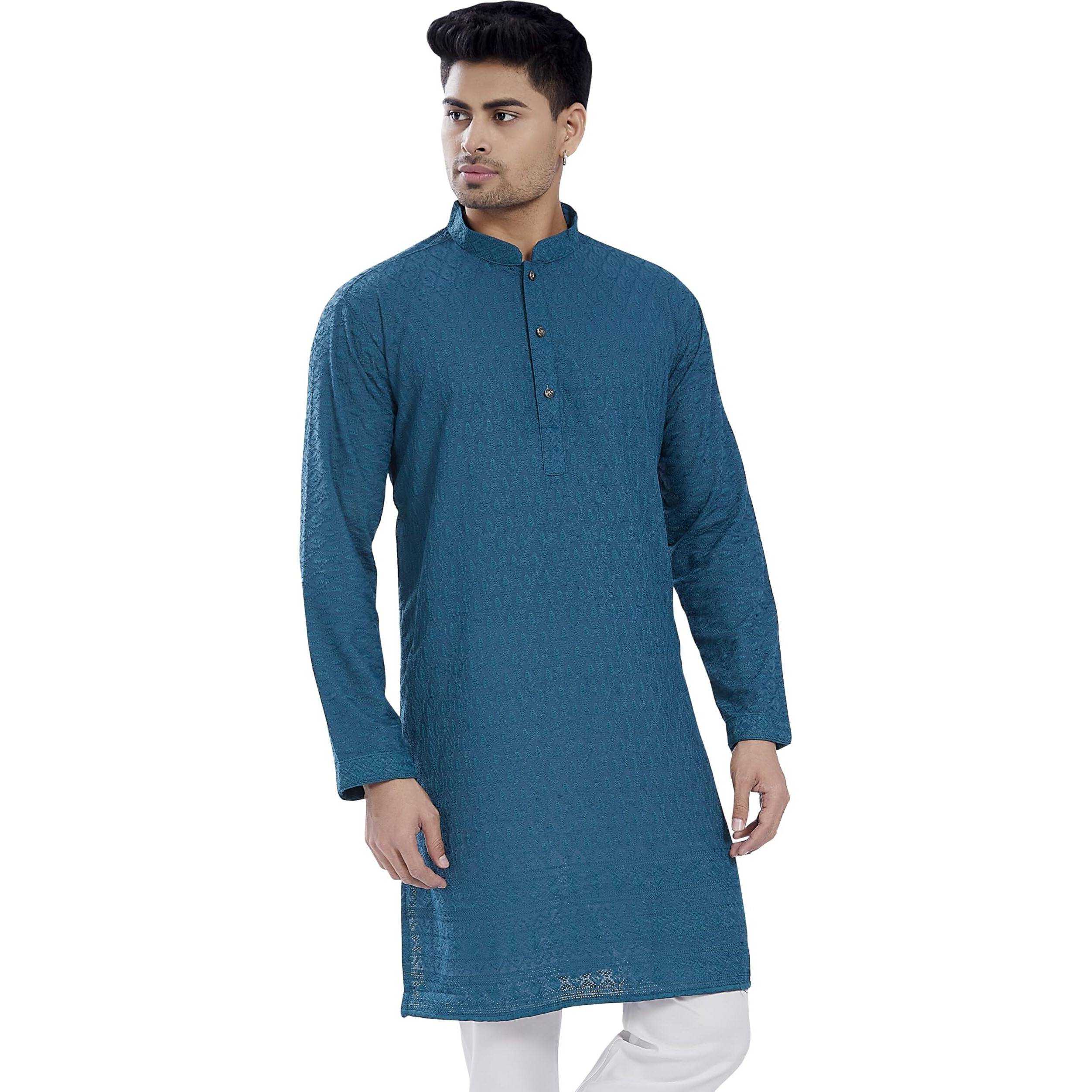 Divisive Men's Thread Embroidered Cotton Blend Only Slim Fit Kurta (Dkrt722_S_Turquoise)