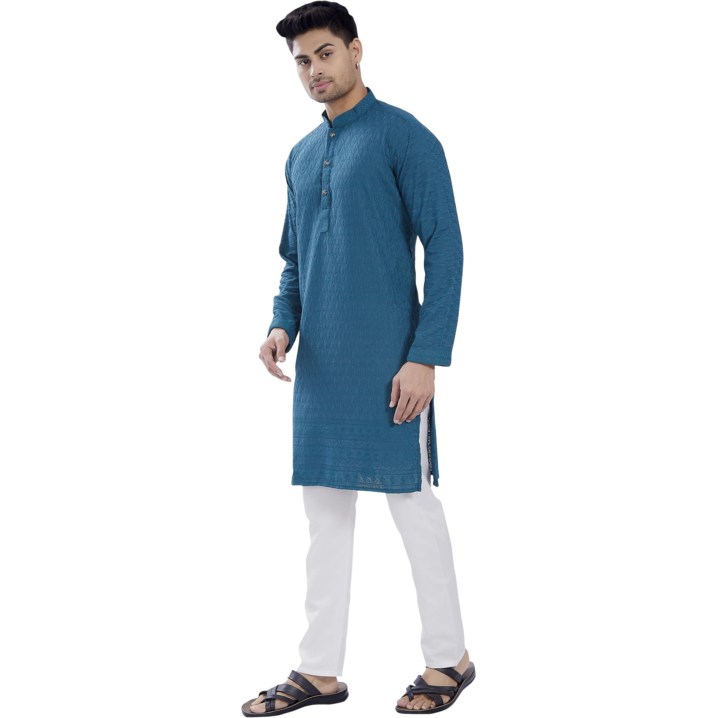 Divisive Men's Thread Embroidered Cotton Blend Only Slim Fit Kurta (Dkrt722_S_Turquoise)