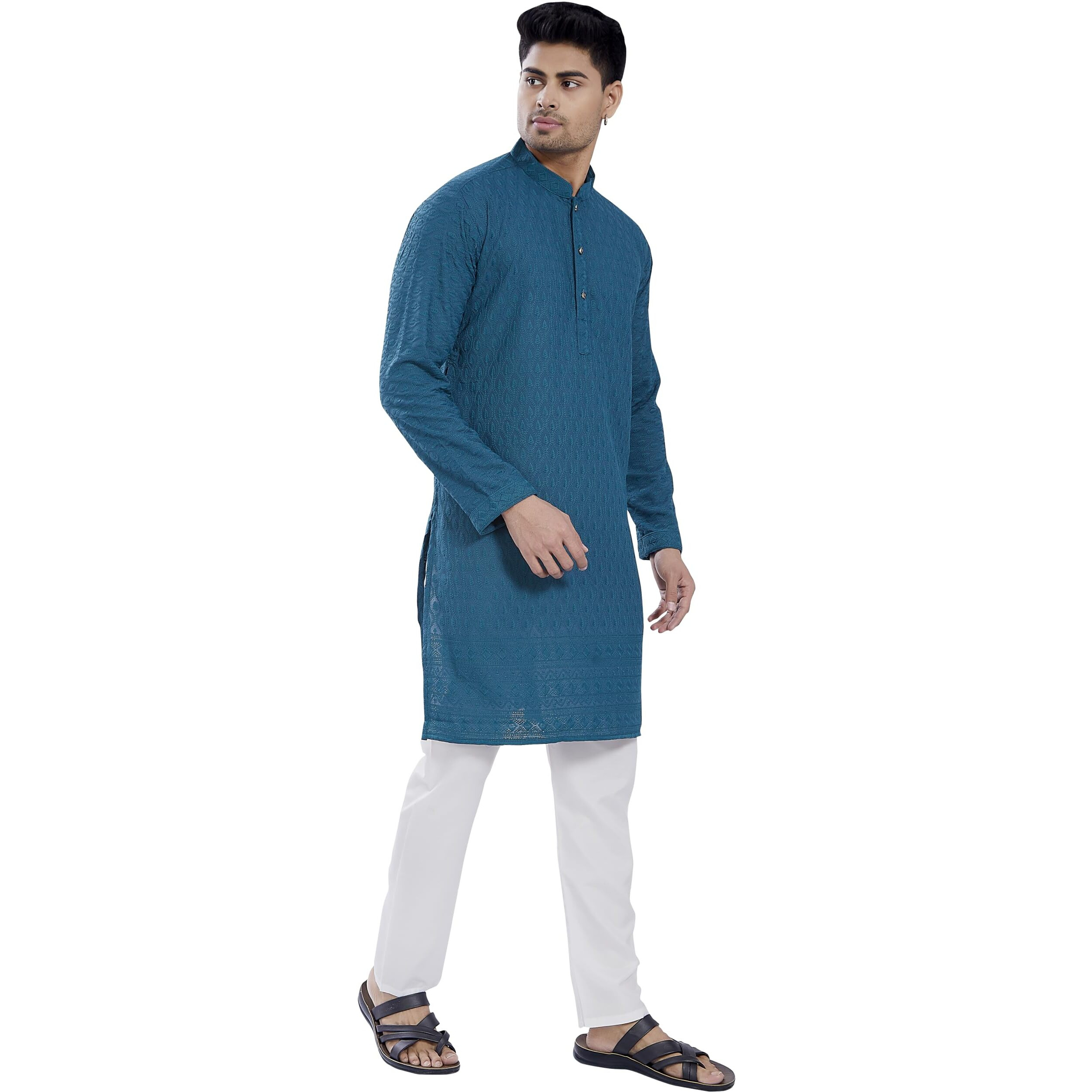 Divisive Men's Thread Embroidered Cotton Blend Only Slim Fit Kurta (Dkrt722_S_Turquoise)