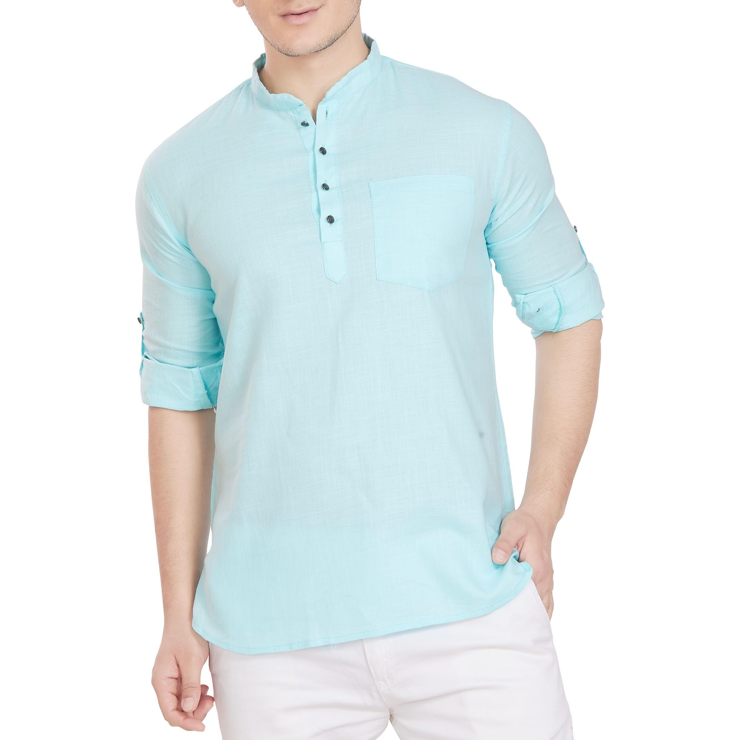 Divisive Men's Pure Cotton Relaxed Fit Short Kurta (Dkrt258_M_Sky)